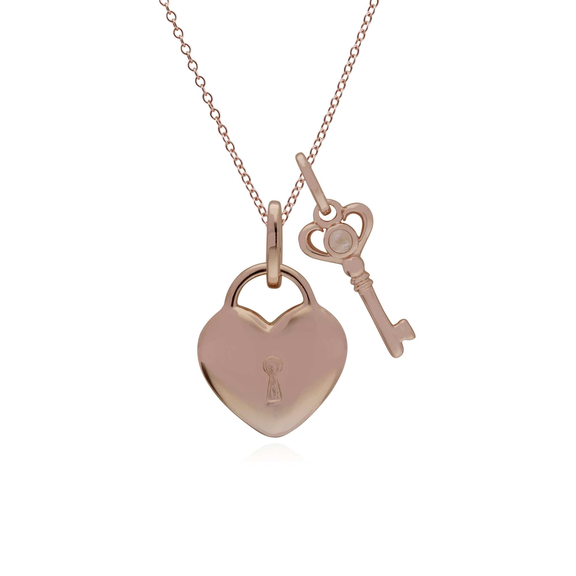270P028601925-270P026901925 Classic Heart Lock Pendant & Rainbow Moonstone Key Charm in Rose Gold Plated 925 Sterling Silver 1