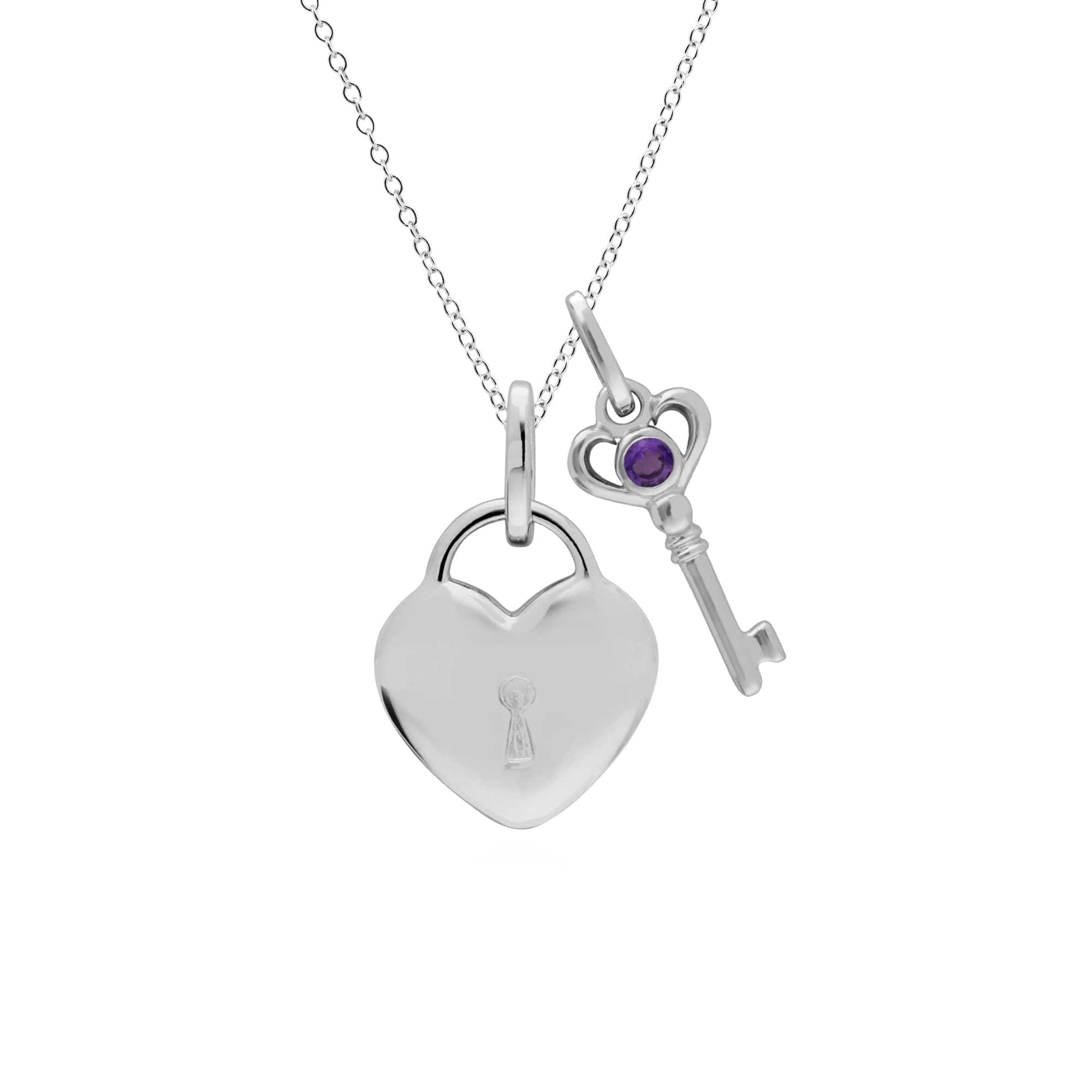 270P026404925-270P027001925 Classic Heart Lock Pendant & Amethyst Key Charm in 925 Sterling Silver 1