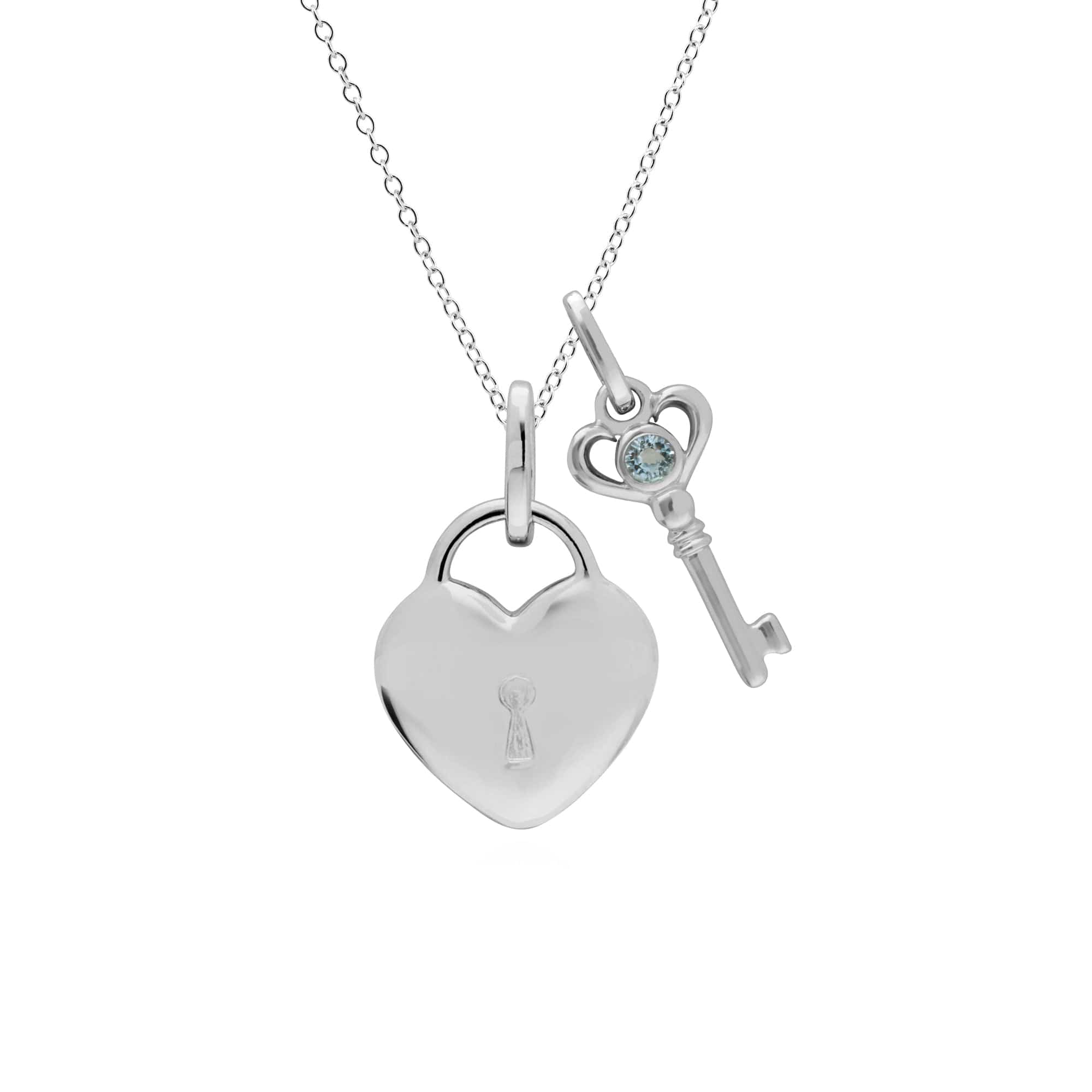 270P026408925-270P027001925 Classic Heart Lock Pendant & Aquamarine Key Charm in 925 Sterling Silver 1