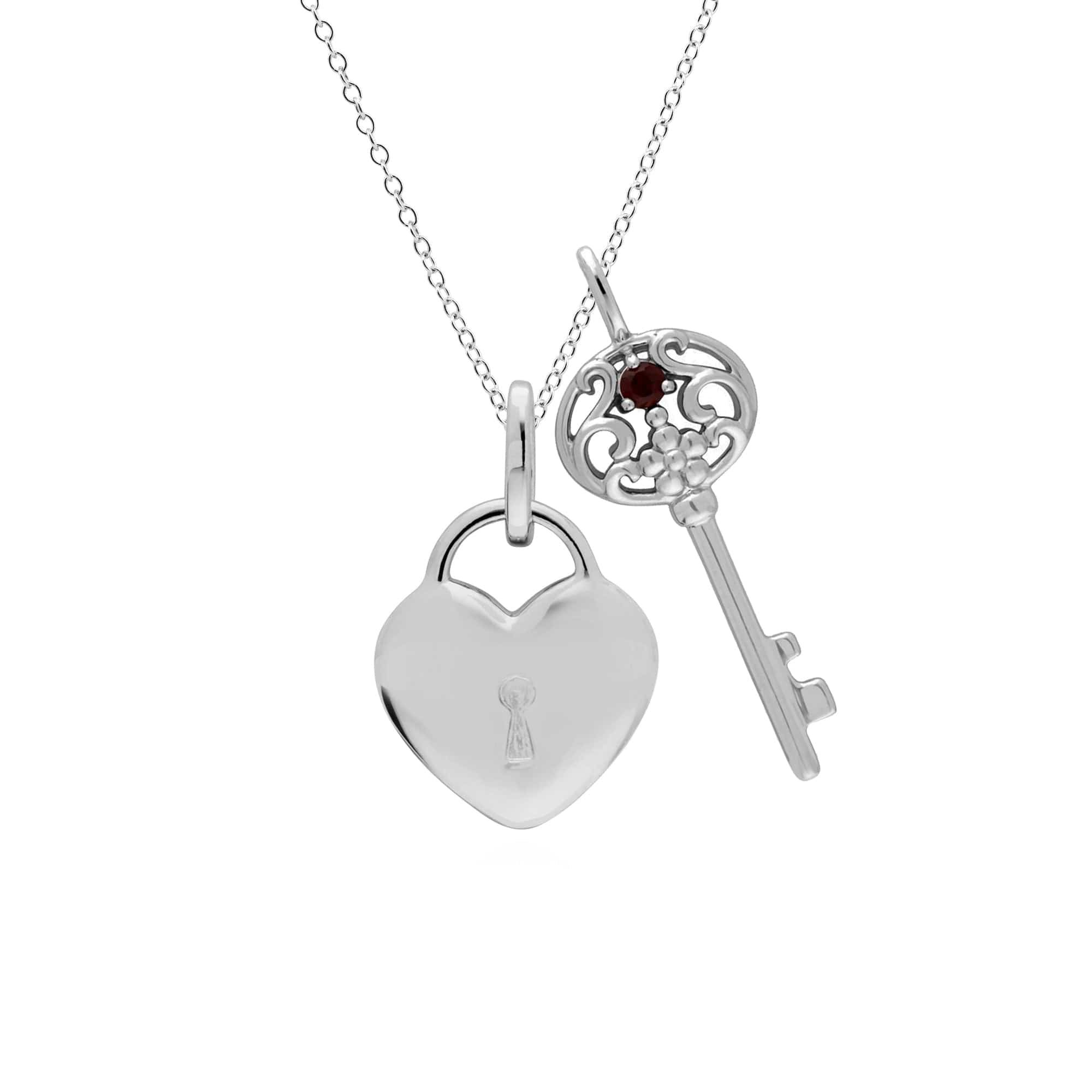 270P026801925-270P027001925 Classic Heart Lock Pendant & Garnet Big Key Charm in 925 Sterling Silver 1