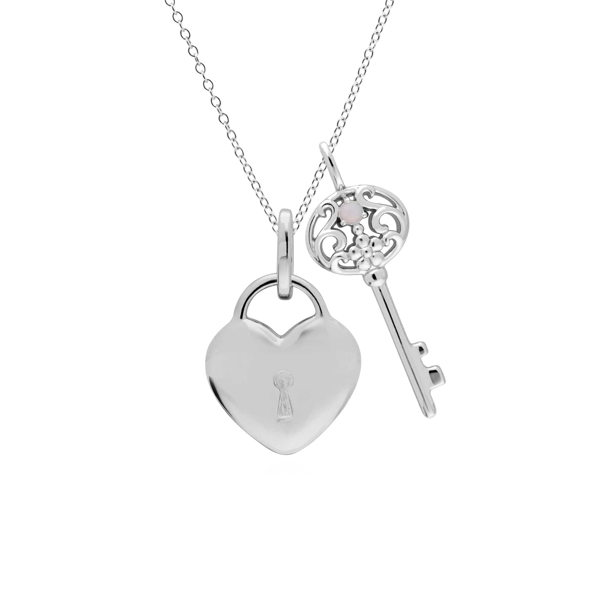 270P026803925-270P027001925 Classic Heart Lock Pendant & Opal Big Key Charm in 925 Sterling Silver 1