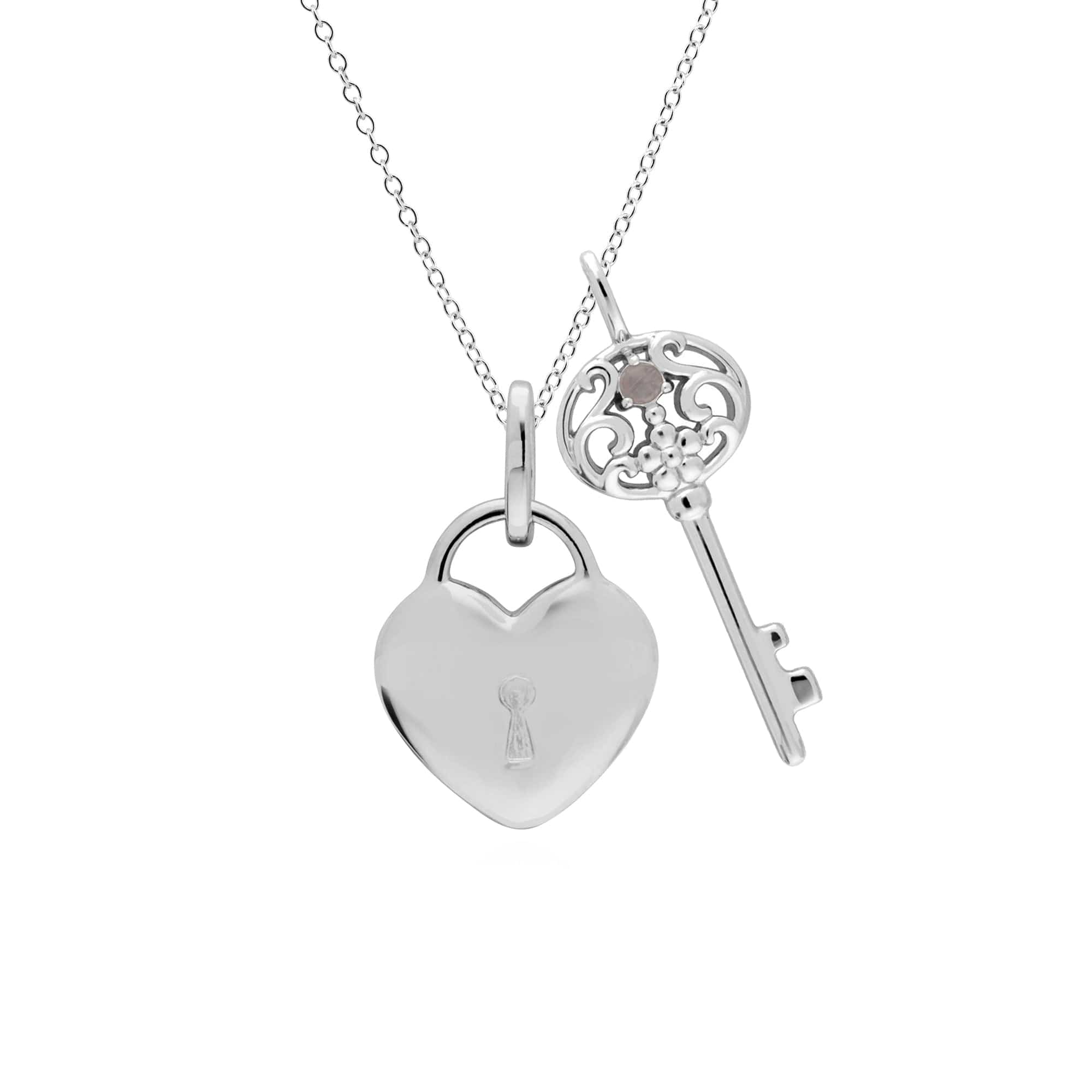 270P026804925-270P027001925 Classic Heart Lock Pendant & Rainbow Moonstone Big Key Charm in 925 Sterling Silver 1