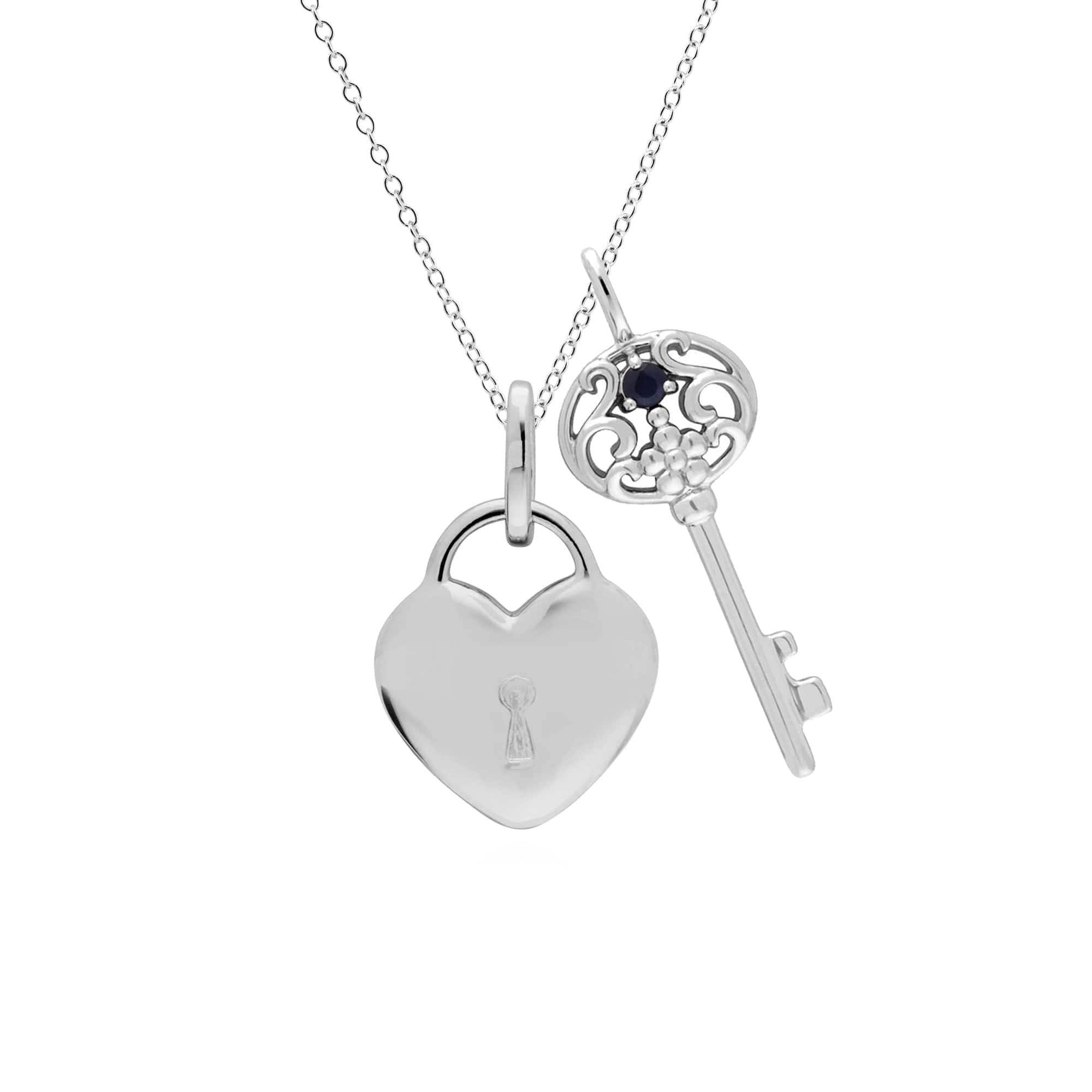 270P026810925-270P027001925 Classic Heart Lock Pendant & Sapphire Big Key Charm in 925 Sterling Silver 1