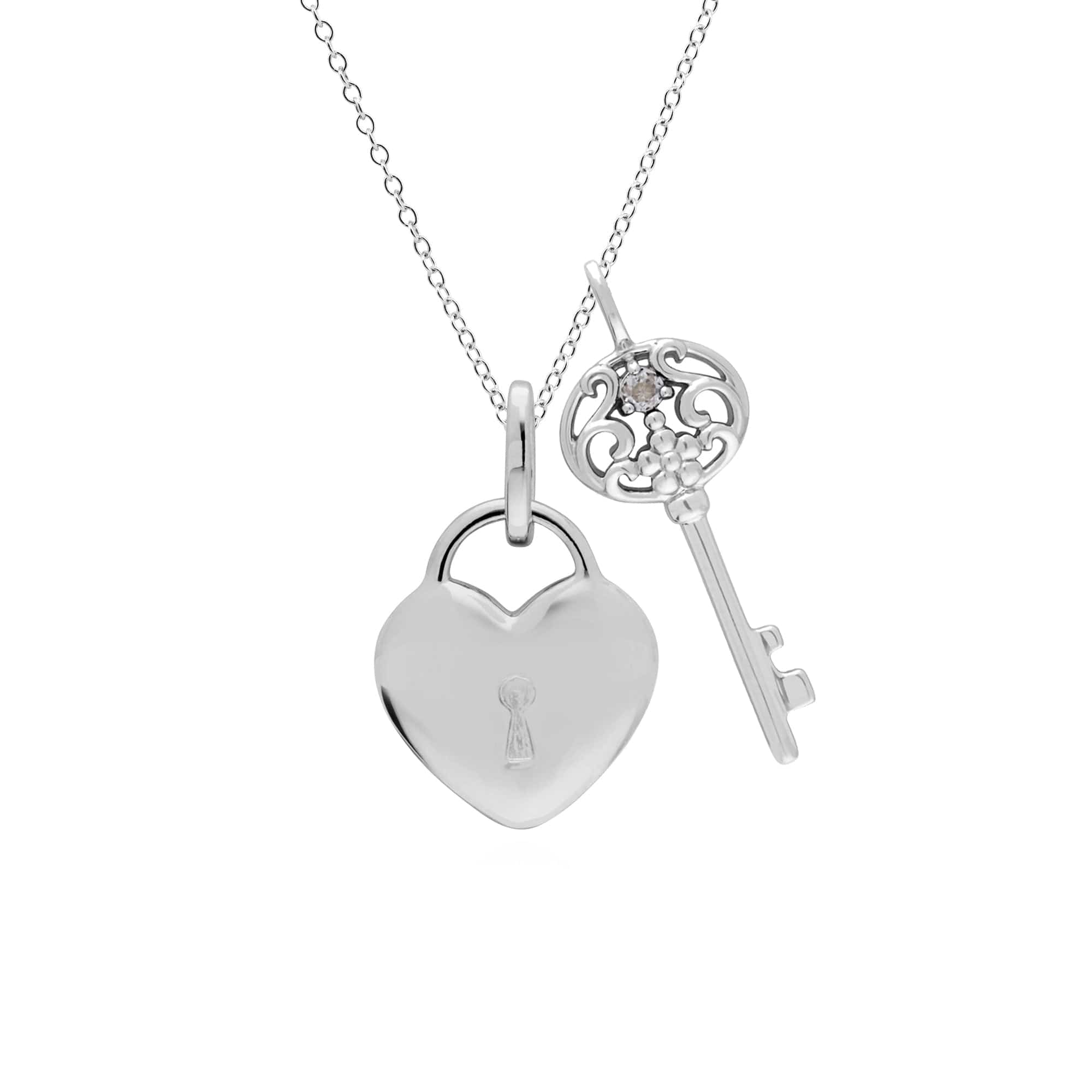 270P026814925-270P027001925 Classic Heart Lock Pendant & Clear Topaz Big Key Charm in 925 Sterling Silver 1