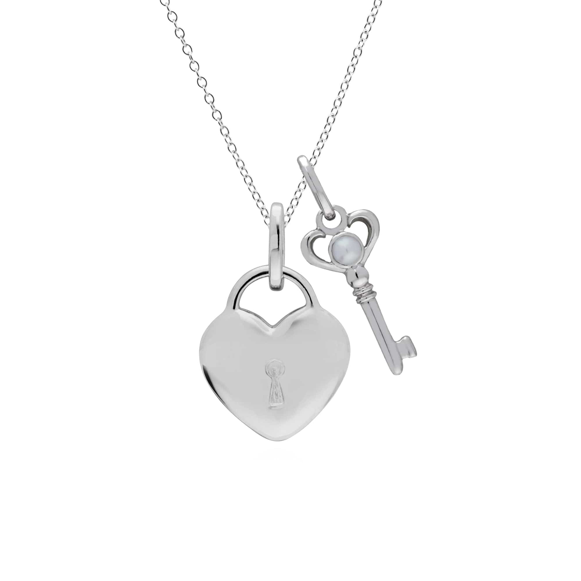 270P027201925-270P027001925 Classic Heart Lock Pendant & Pearl Key Charm in 925 Sterling Silver 1