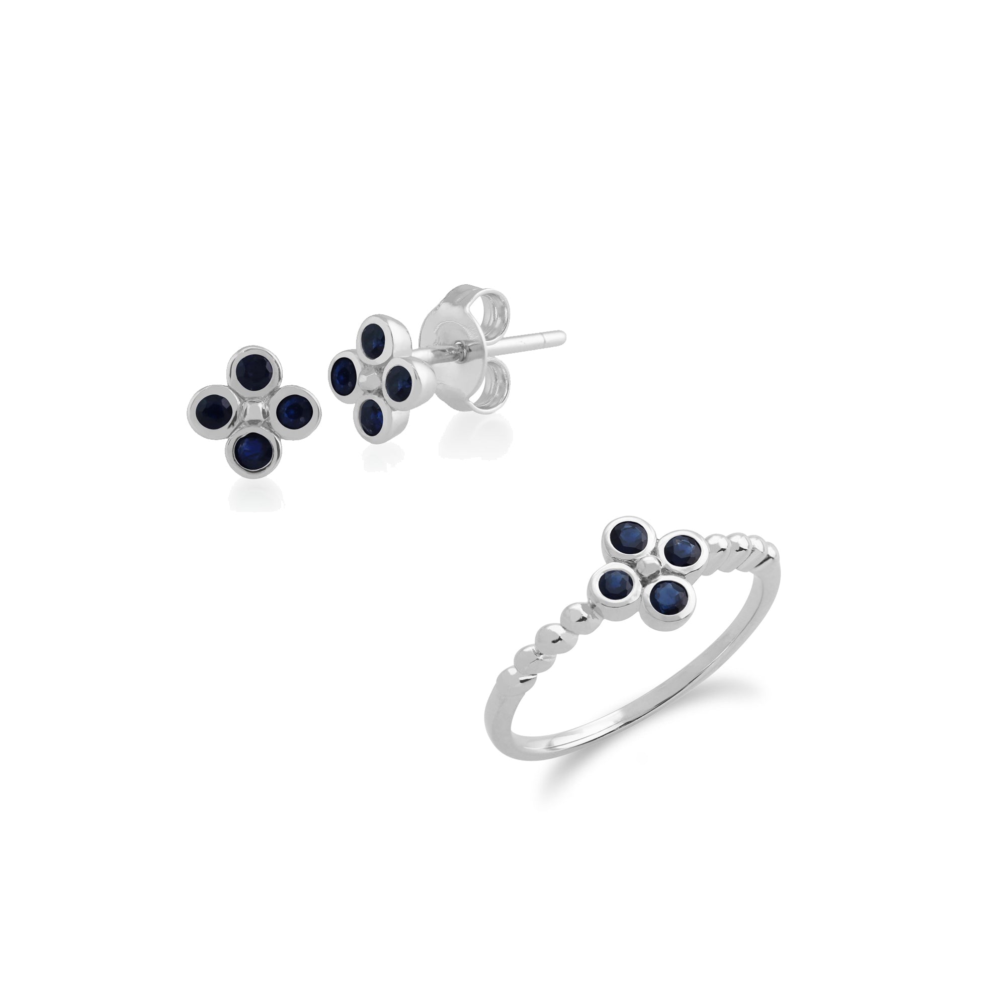 Floral Round Sapphire Clover Stud Earrings & Ring Set in 925 Sterling Silver - Gemondo