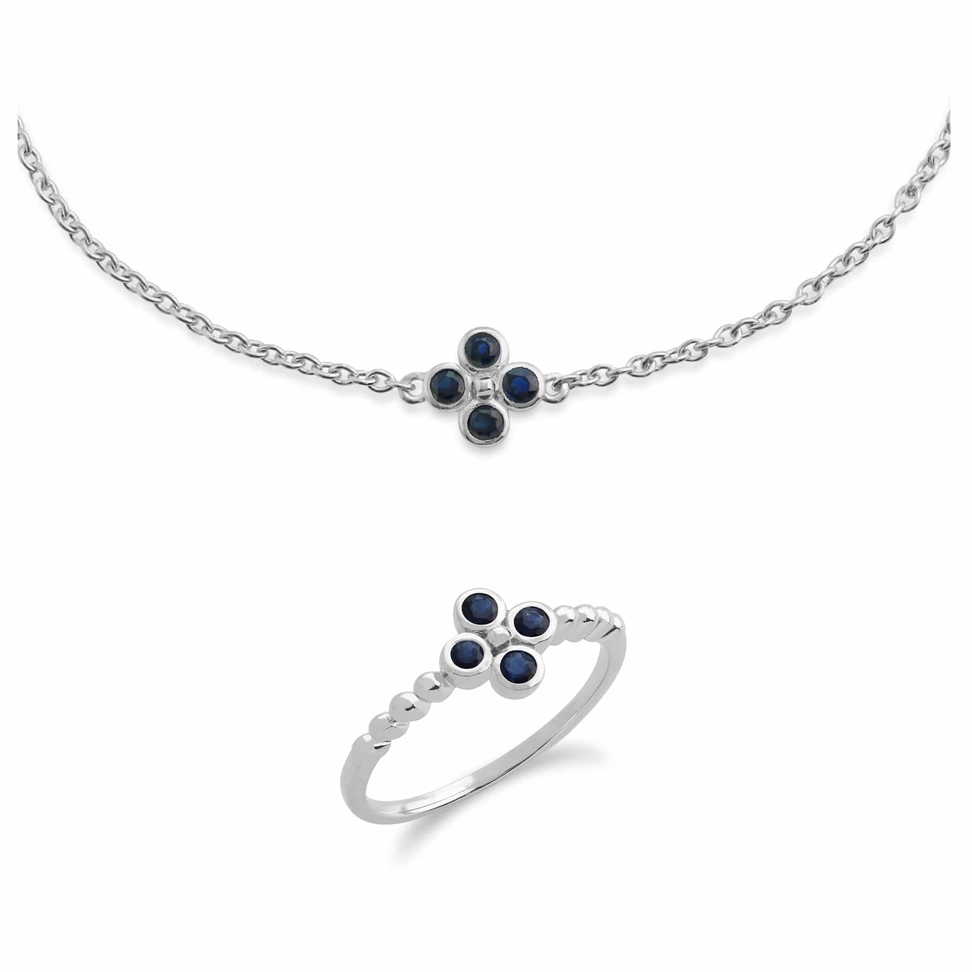 270L009703925-270R048203925 Floral Round Sapphire Clover Bracelet & Ring Set in 925 Sterling Silver 1
