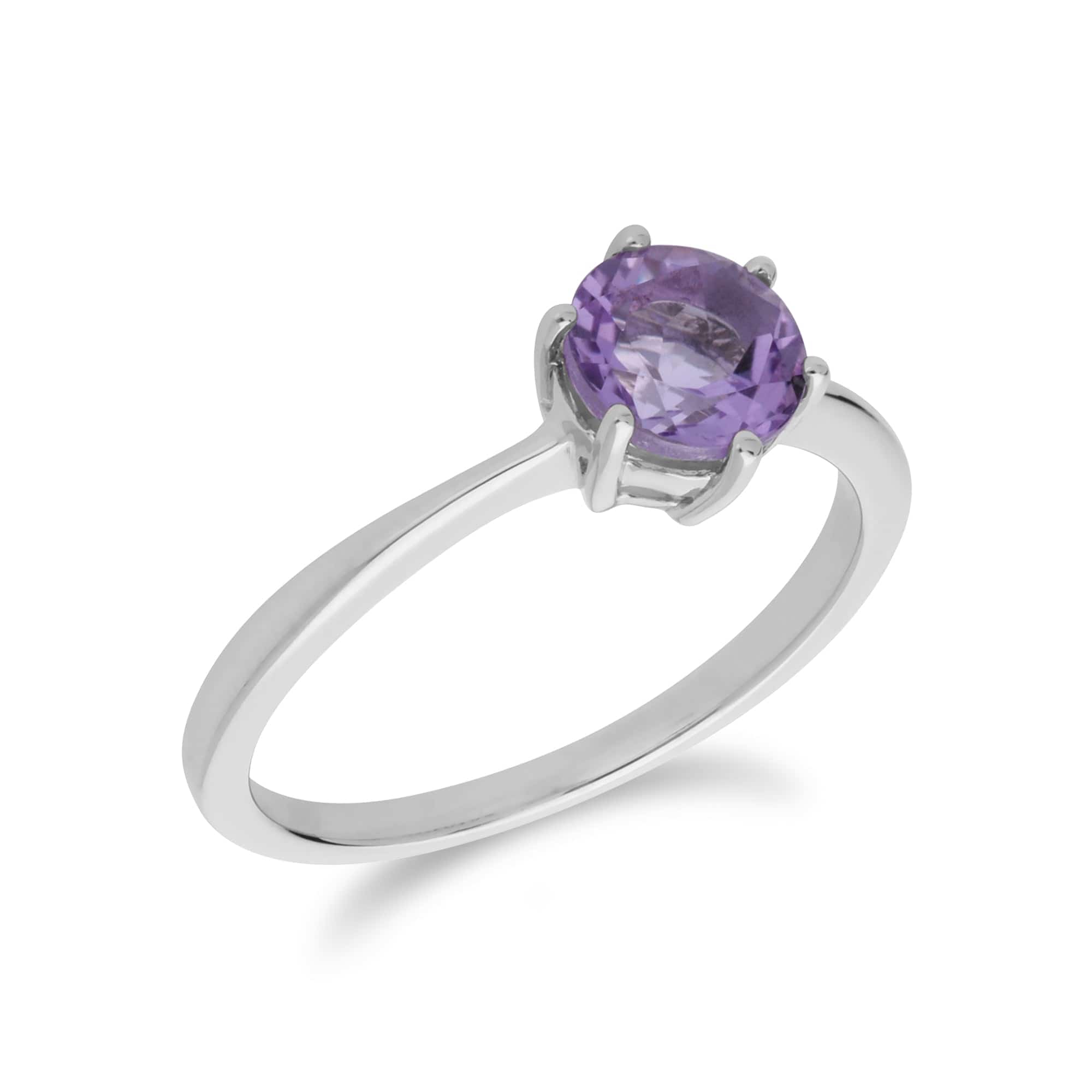 Classic Round Amethyst Claw Set Single Stone Ring in 925 Sterling Silver - Gemondo