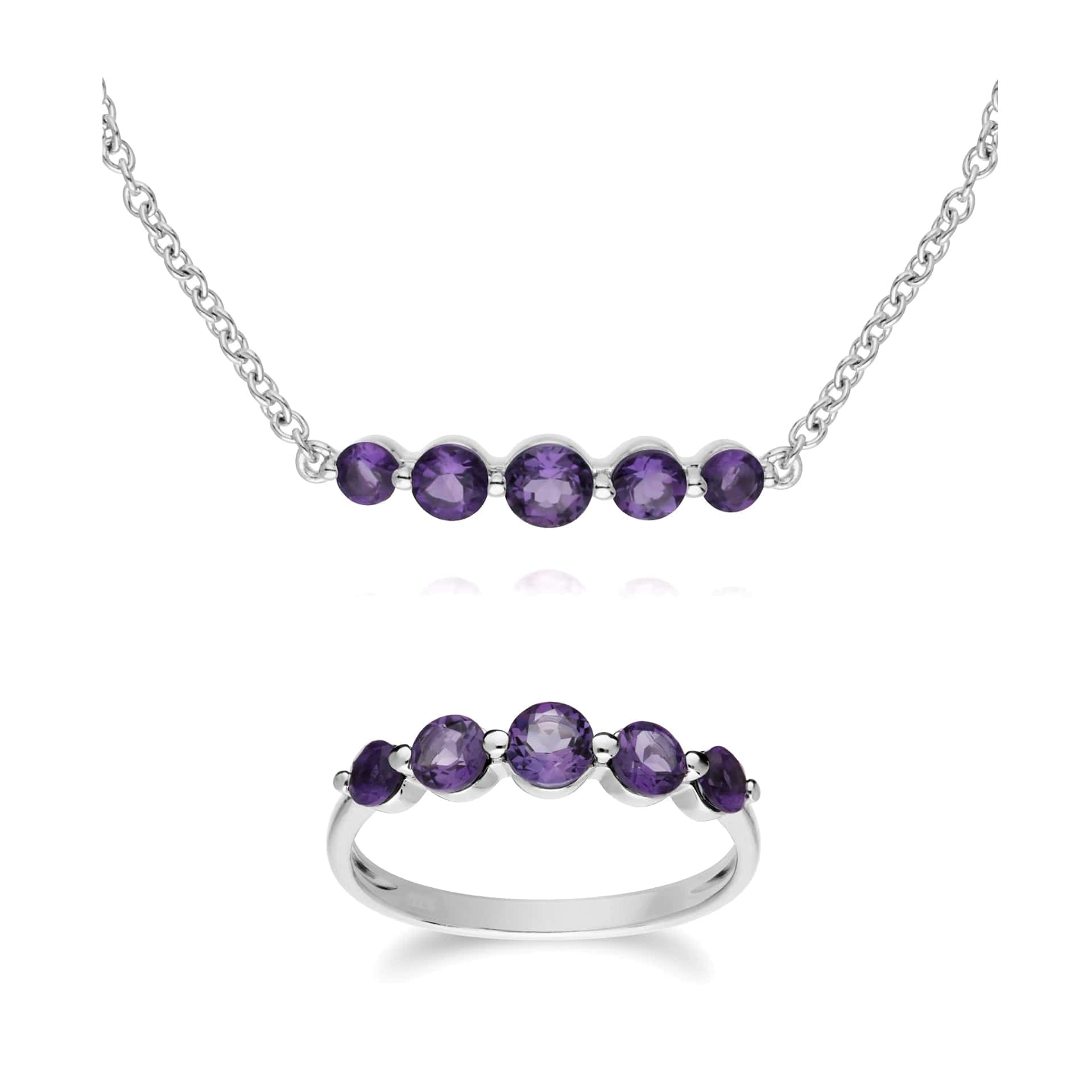270L011003925-270R055903925 Classic Round Amethyst Five Stone Bracelet &  Ring Set in 925 Sterling Silver 1