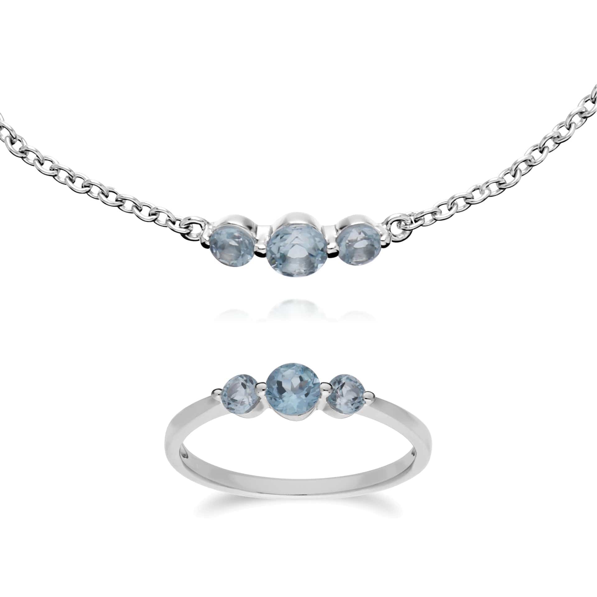 270L011101925-270R056001925 Classic Round Blue Topaz Three Stone Bracelet & Trilogy Ring Set in 925 Sterling Silver 1