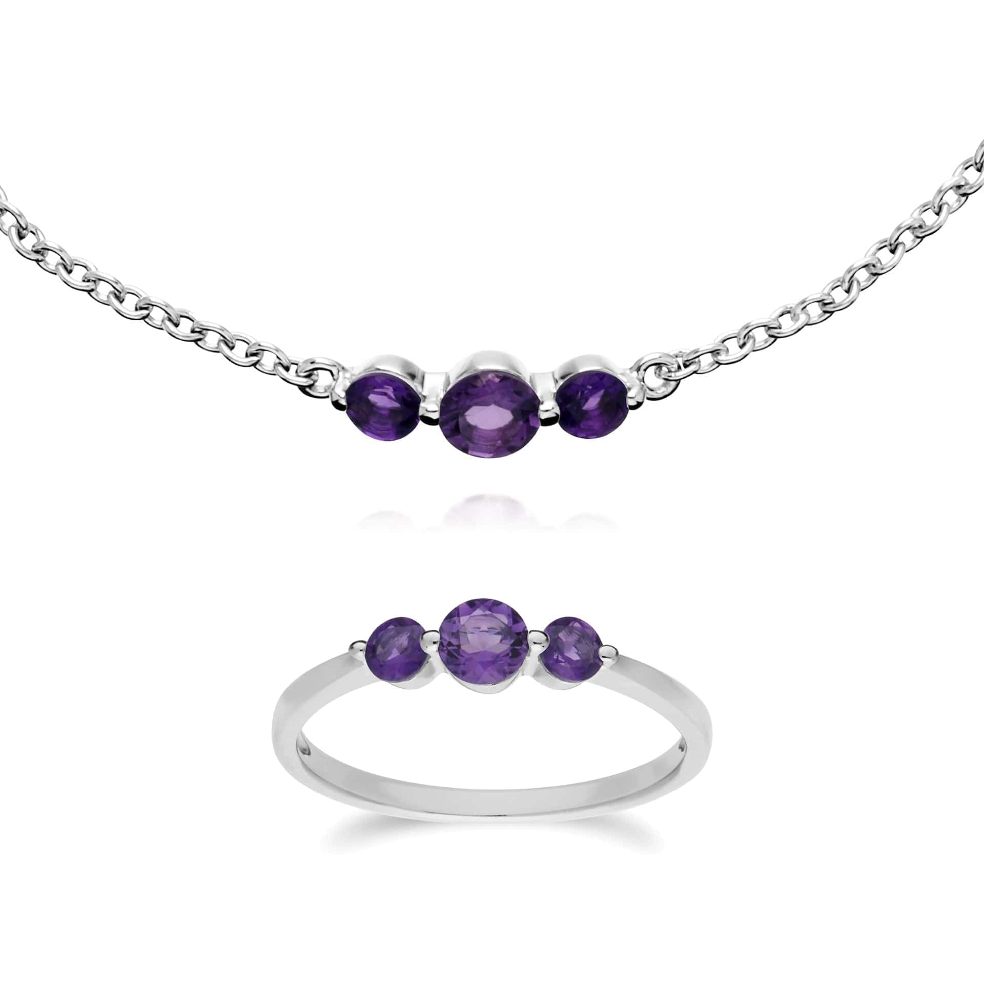 270L011103925-270R056003925 Classic Round Amethyst Three Stone Bracelet & Trilogy Ring Set in 925 Sterling Silver 1