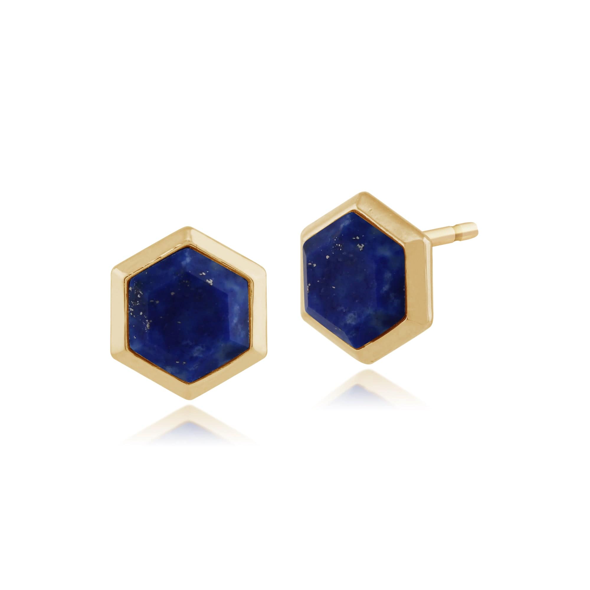 Geometric Hexagon Lapis Lazuli Prism Stud Earrings in Gold Plated Silver