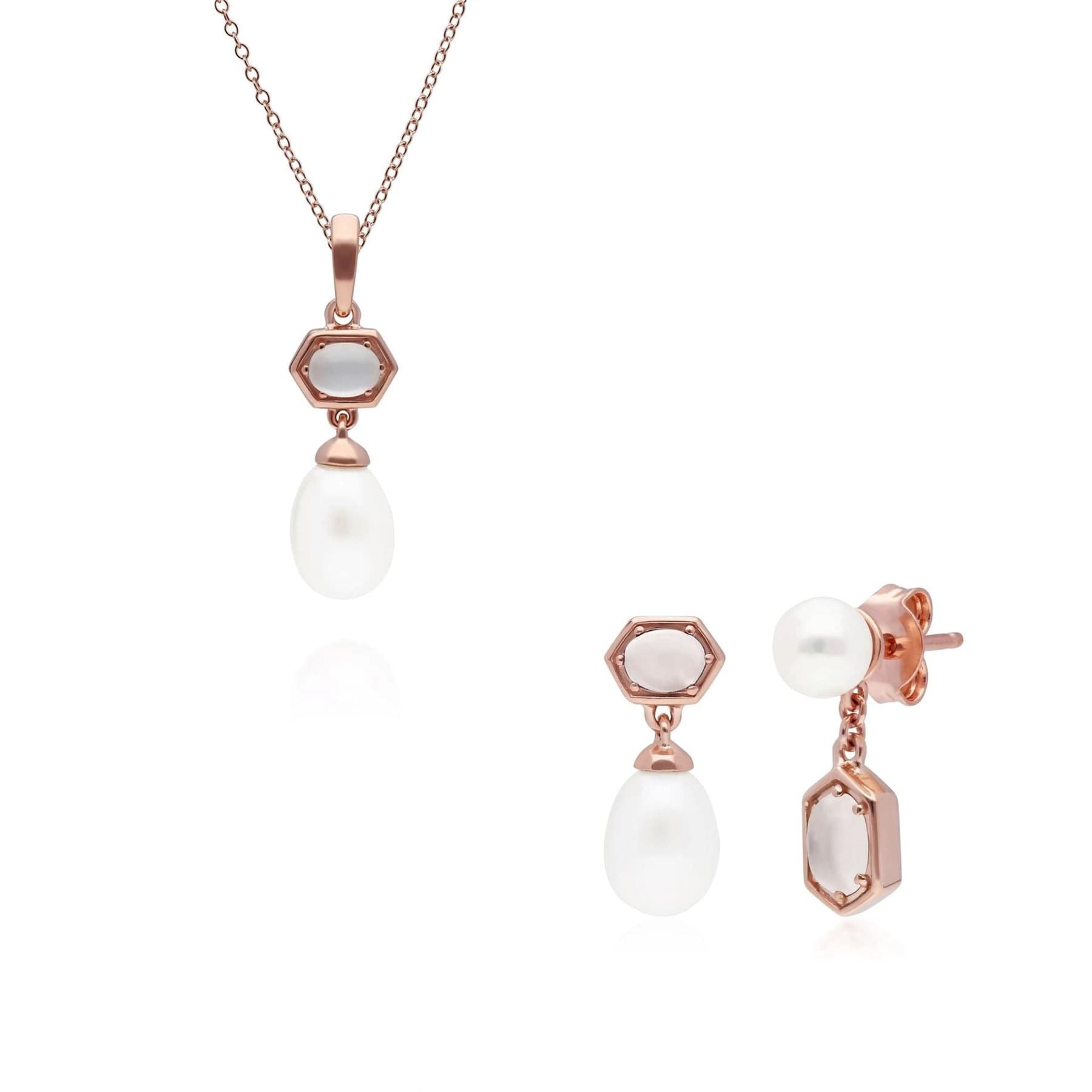 Modern Pearl & Moonstone Pendant & Earring Set in Rose Gold Plated Silver - Gemondo