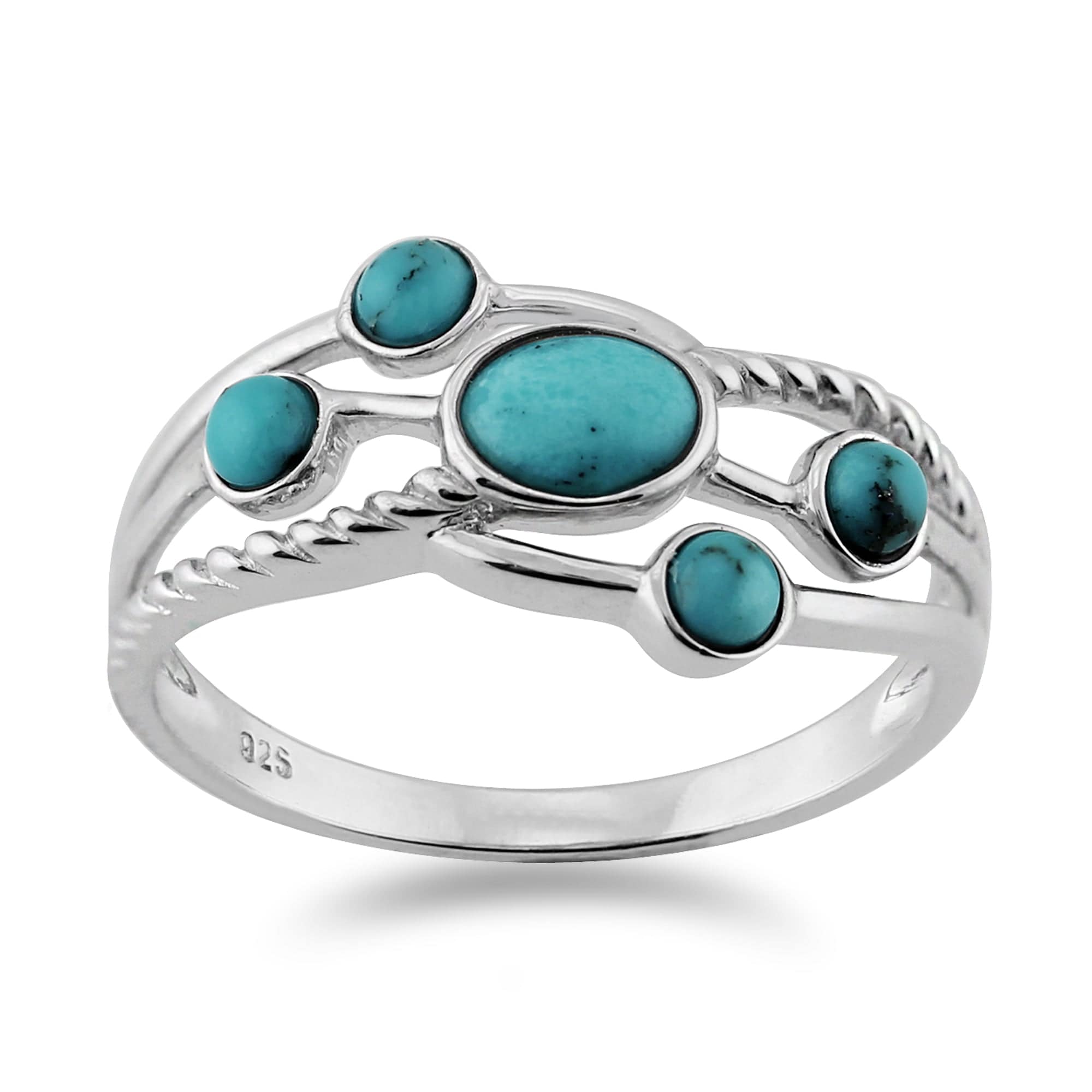 Contemporary Oval Turquoise Cabochon Five Stone Ring in 925 Sterling Silver - Gemondo