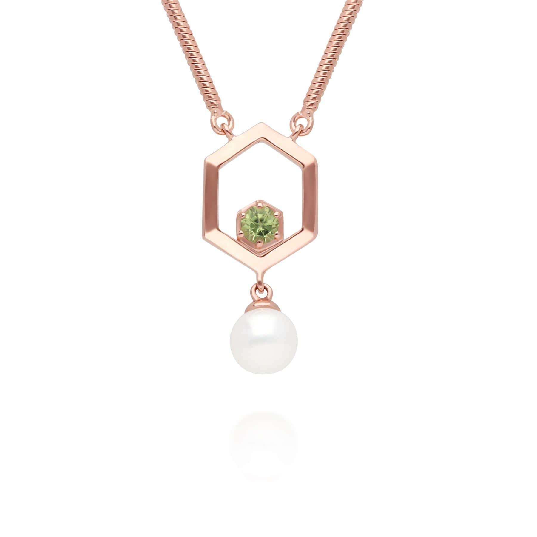 Modern Pearl & Peridot Hexagon Drop Necklace in Rose Gold Plated Silver - Gemondo