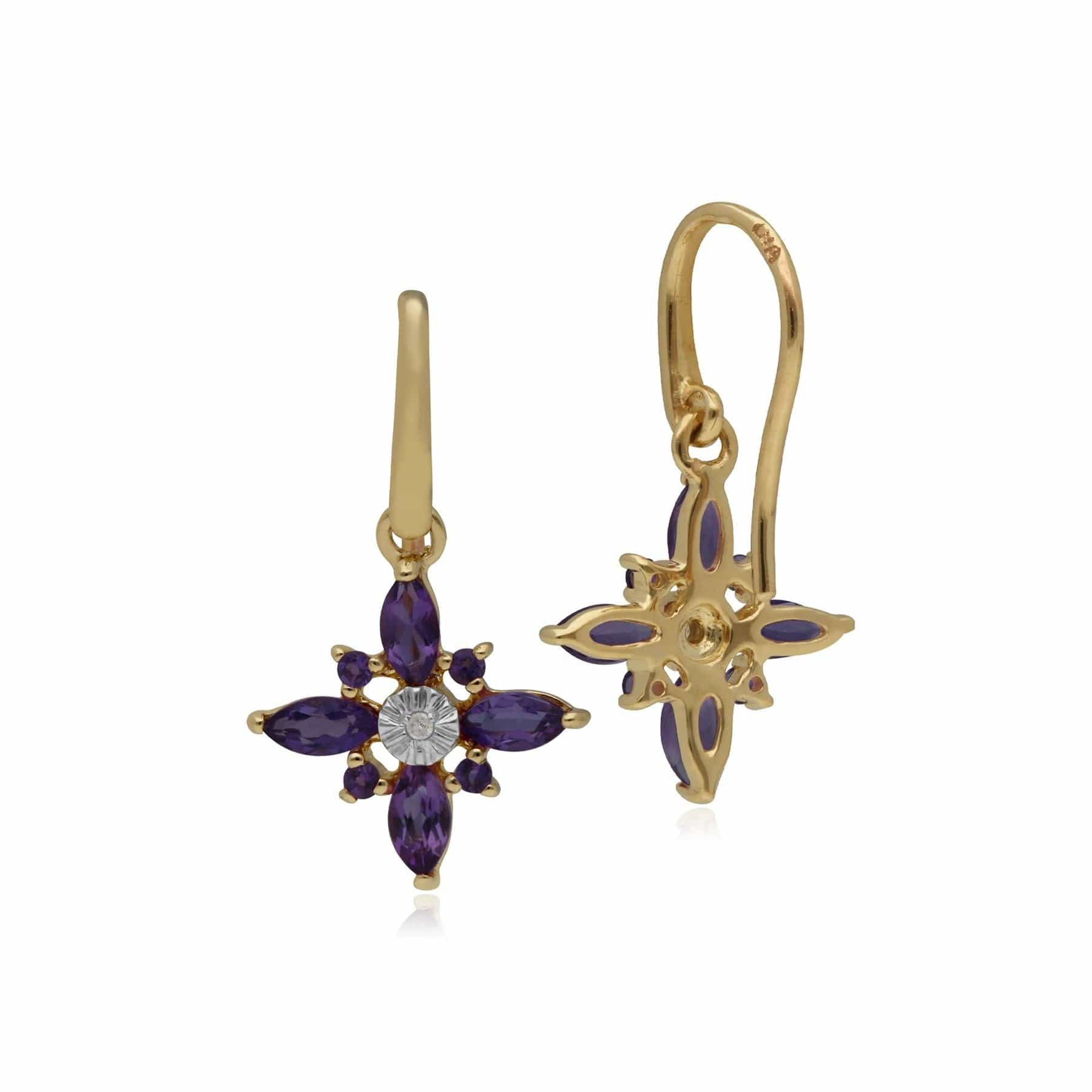 Amethyst & Diamond Starburst Earrings in 9ct Yellow Gold 1