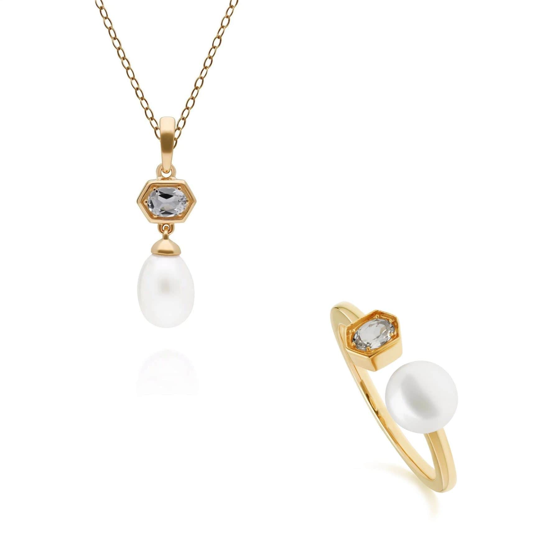 270P030209925-270R058710925 Modern Pearl & Topaz Pendant & Ring Set in Gold Plated Silver 1