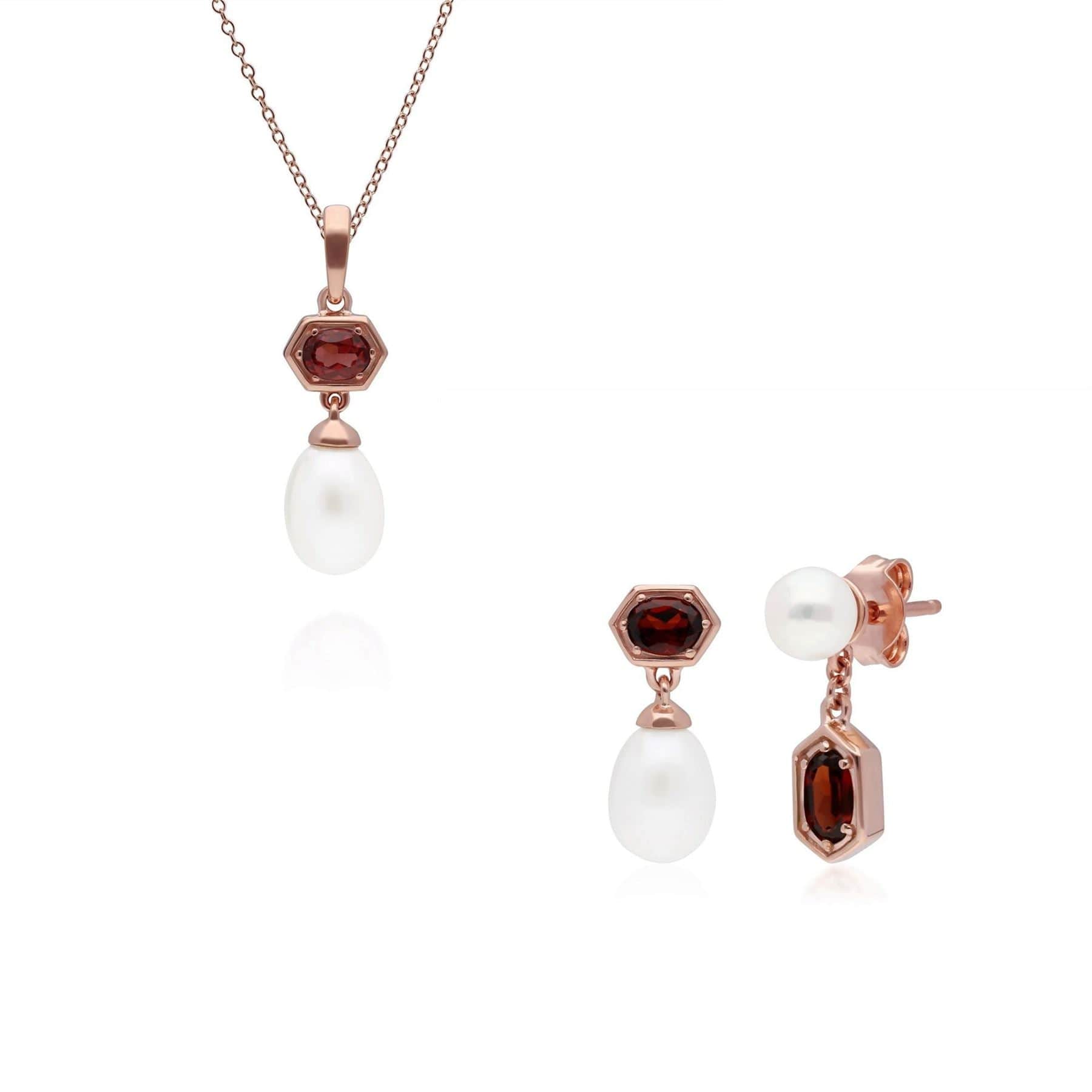 Modern Pearl & Garnet Pendant & Earring Set in Rose Gold Plated Silver - Gemondo