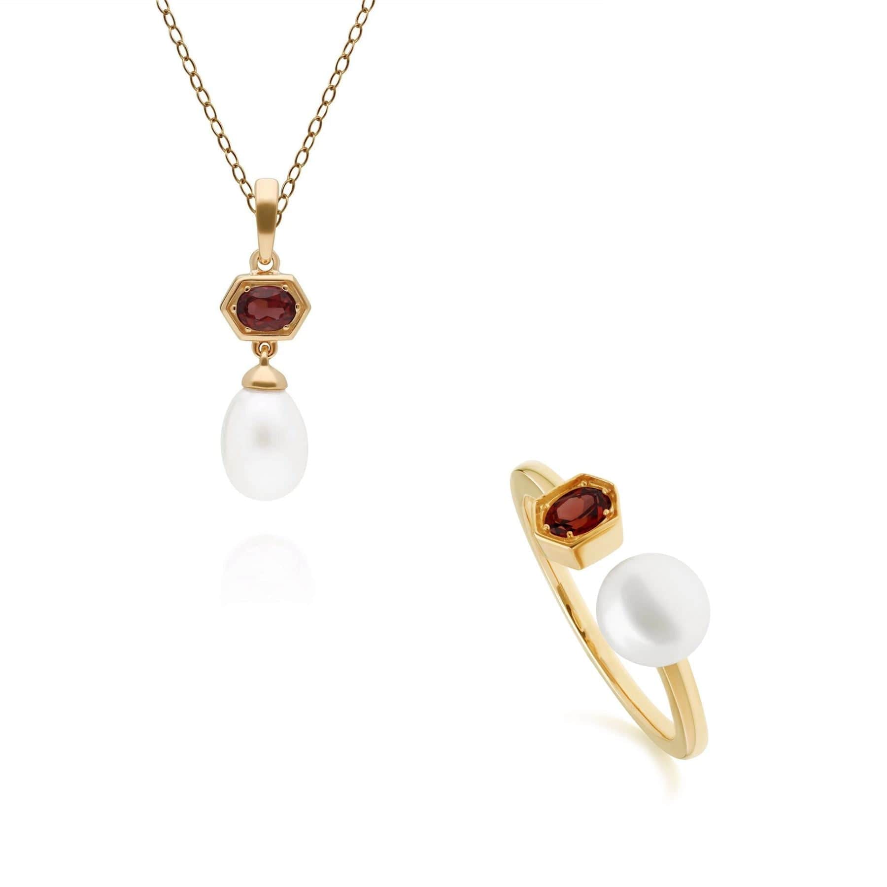Modern Pearl & Garnet Pendant & Ring Set in Gold Plated Silver - Gemondo