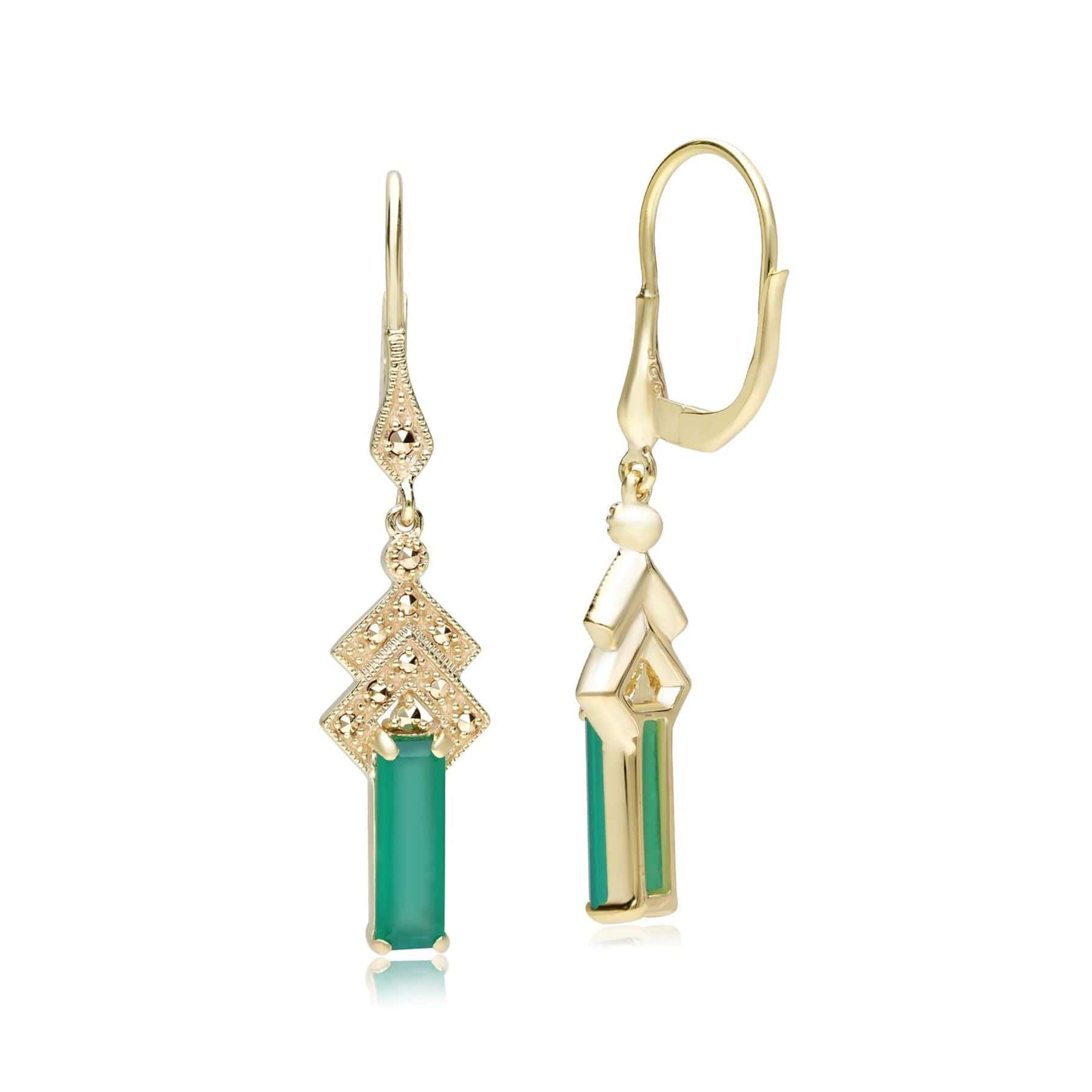 Art Deco Inspired Green Chalcedony & Marcasite Drop Earrings in 18ct Gold Plated Silver - Gemondo