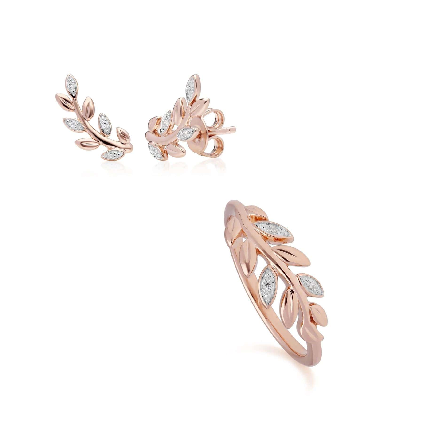 191E0390029-191R0899029 O Leaf Diamond Stud Earring & Ring Set in 9ct Rose Gold 1