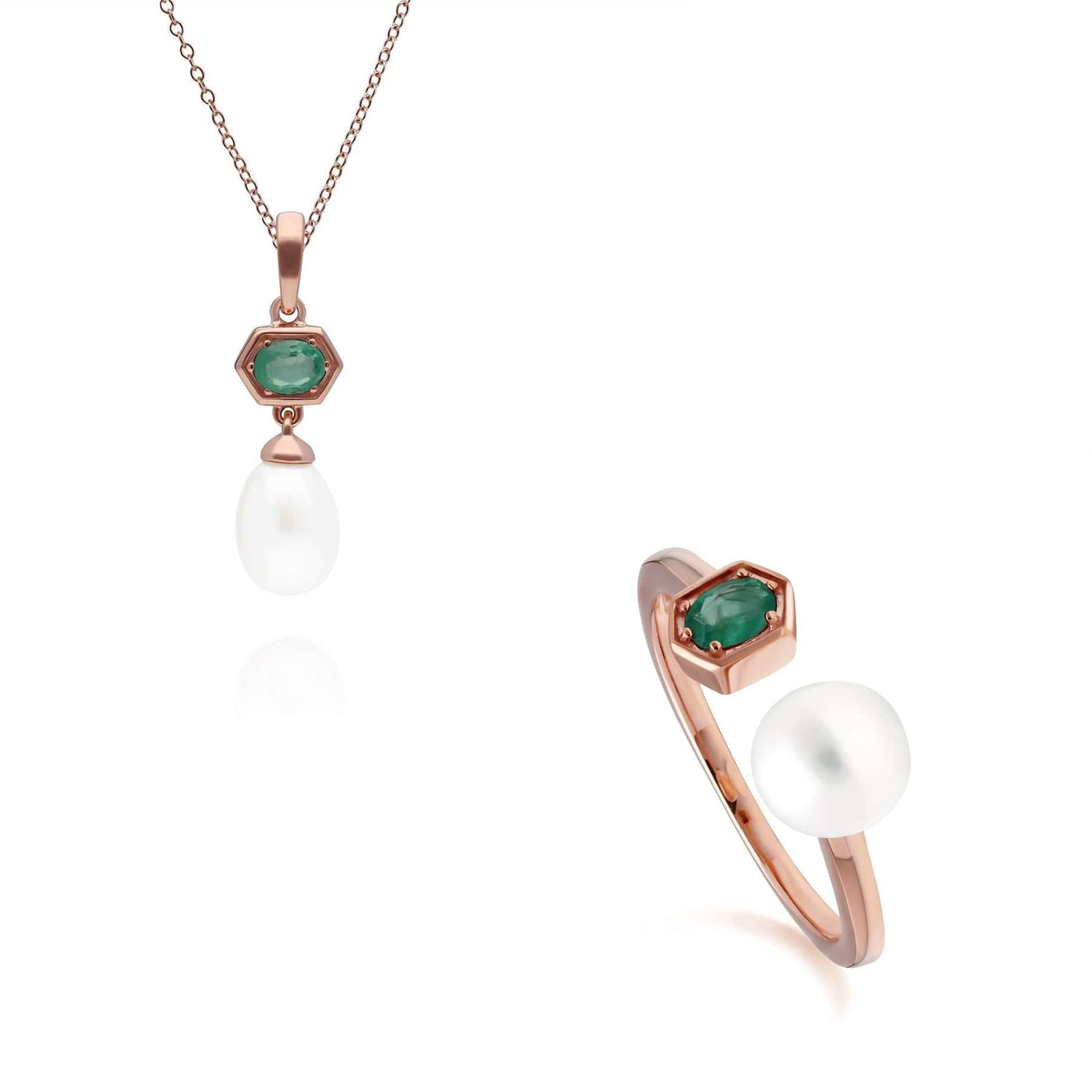 Modern Pearl & Emerald Pendant & Ring Set in Rose Gold Plated Silver - Gemondo