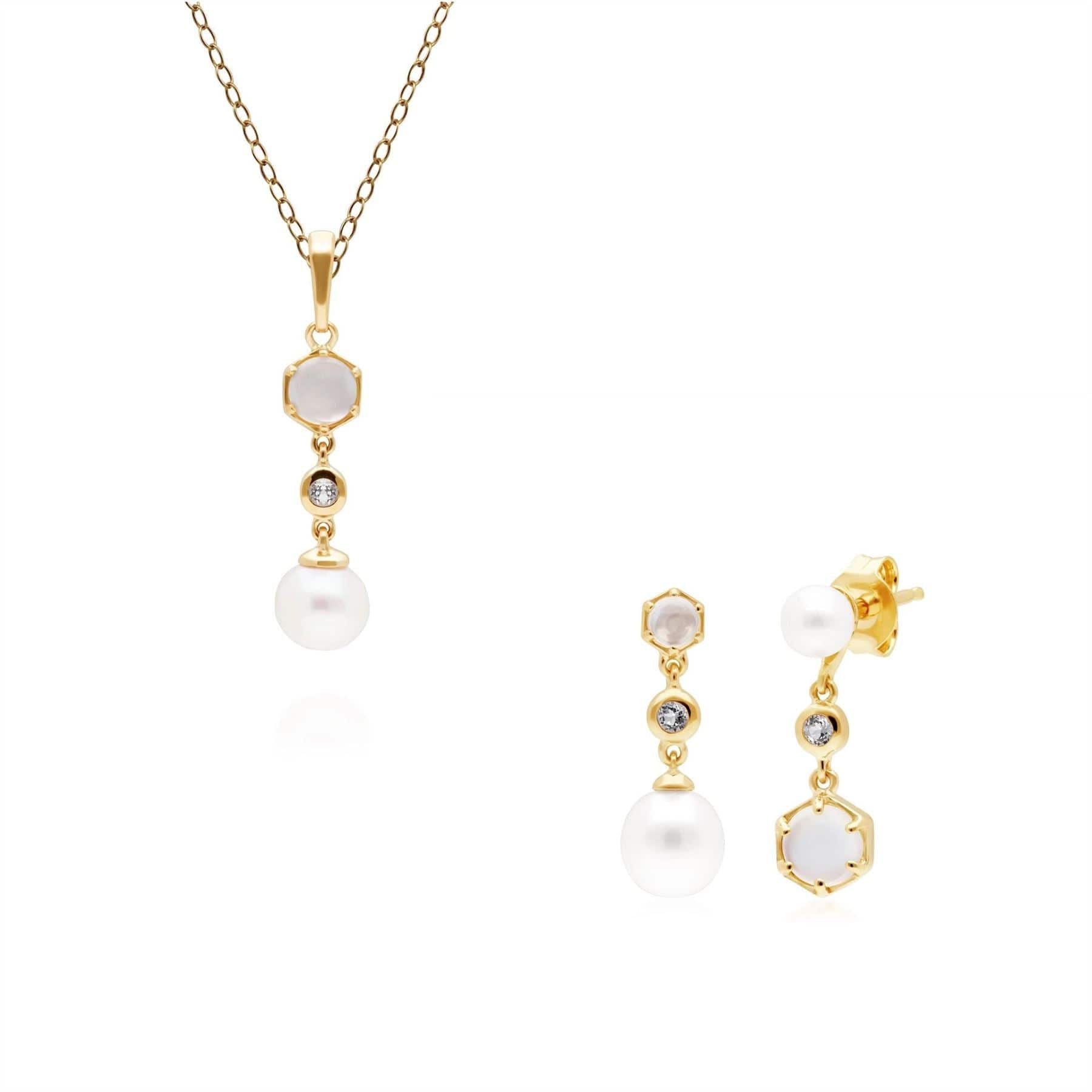 Modern Pearl, Topaz & Moonstone Pendant & Earring Set in Gold Plated Silver - Gemondo