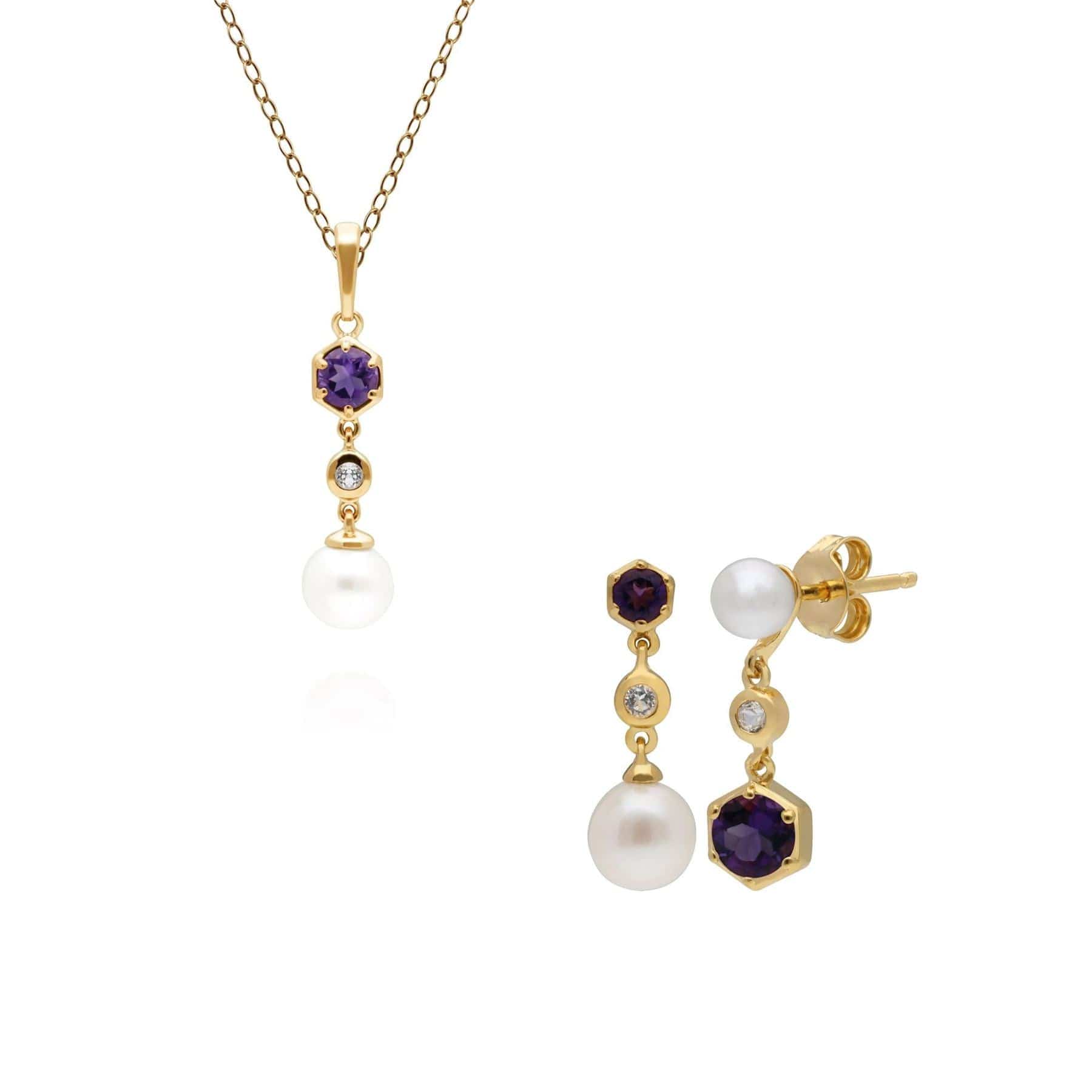 Modern Pearl, Topaz & Amethyst Pendant & Earring Set in Gold Plated Silver - Gemondo
