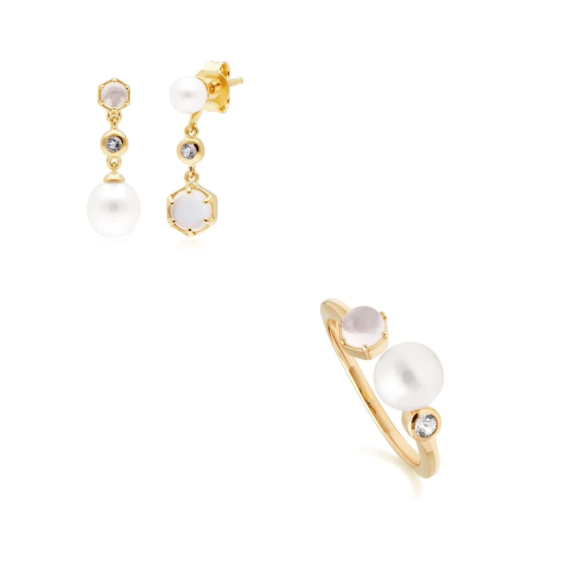 Modern Pearl, Topaz & Moonstone Earring & Ring Set in Gold Plated Silver - Gemondo