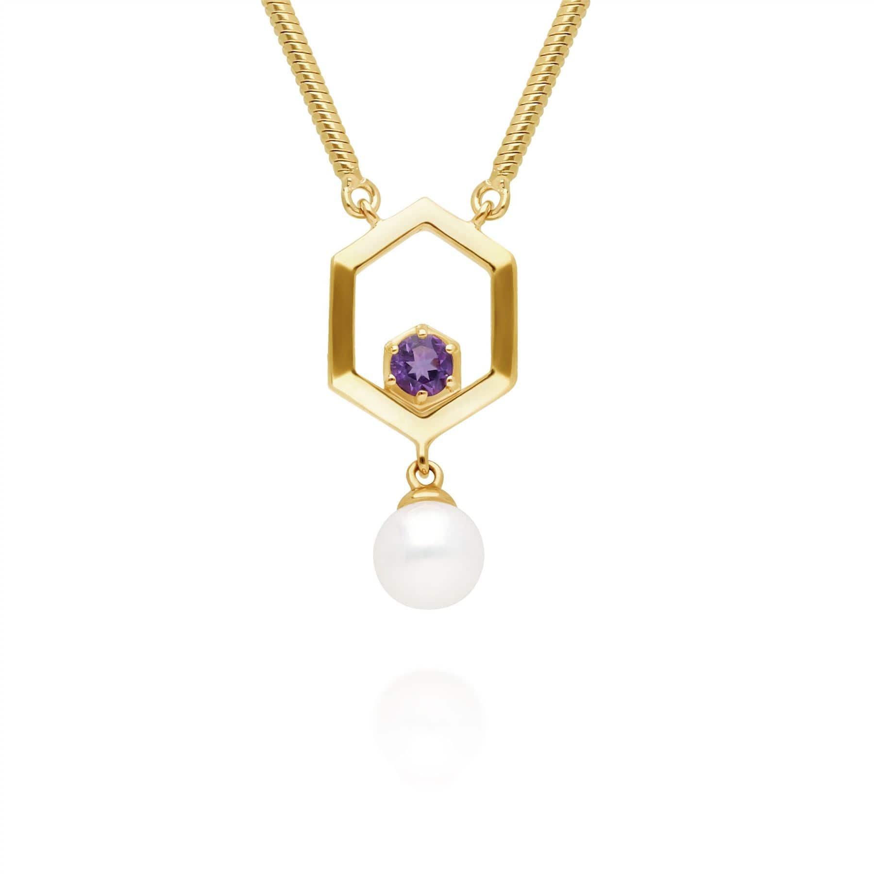 Modern Pearl & Amethyst Hexagon Drop Necklace in Gold Plated Sterling Silver