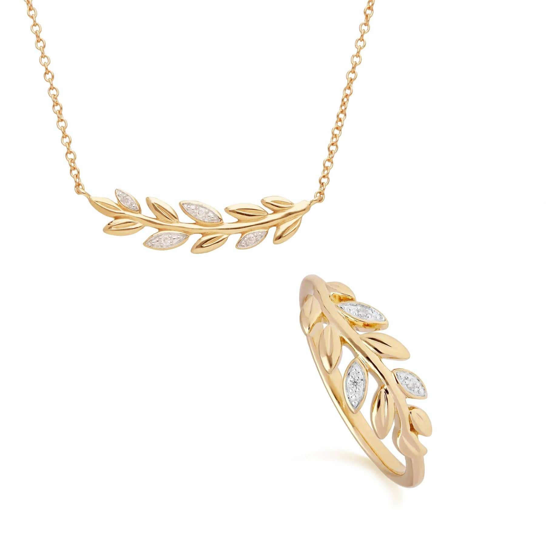 O Leaf Diamond Necklace and Ring Set in 9ct Yellow Gold - Gemondo