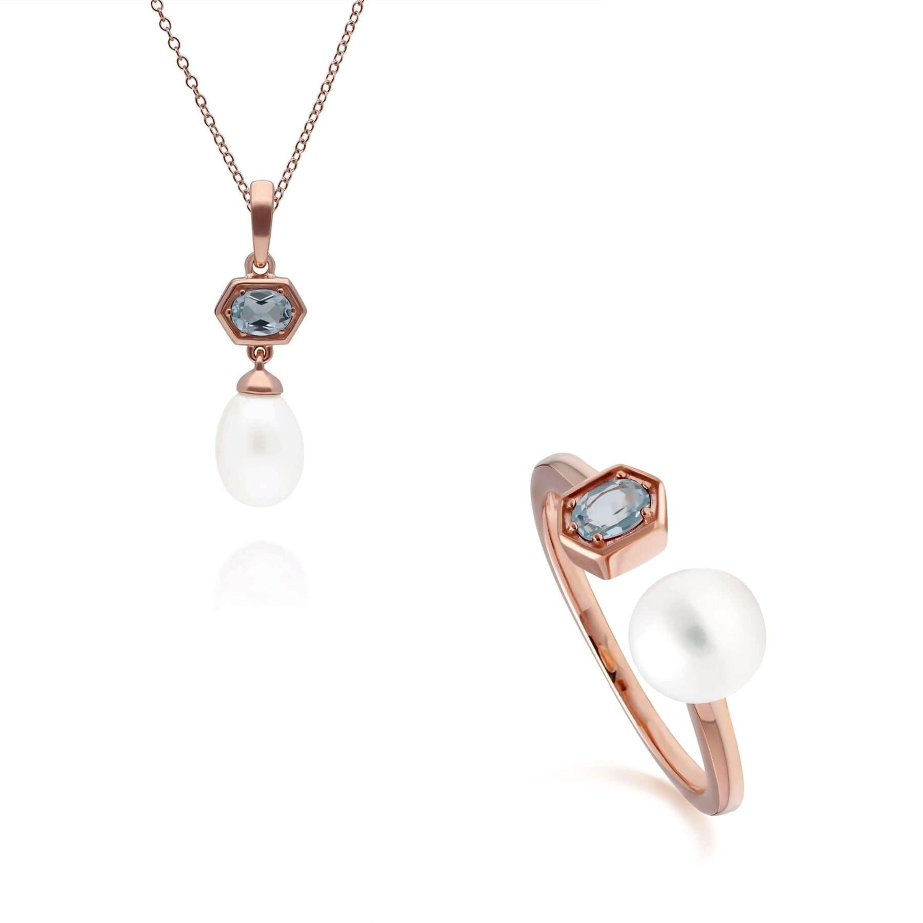 Modern Pearl & Blue Topaz Pendant & Ring Set in Rose Gold Plated Silver - Gemondo