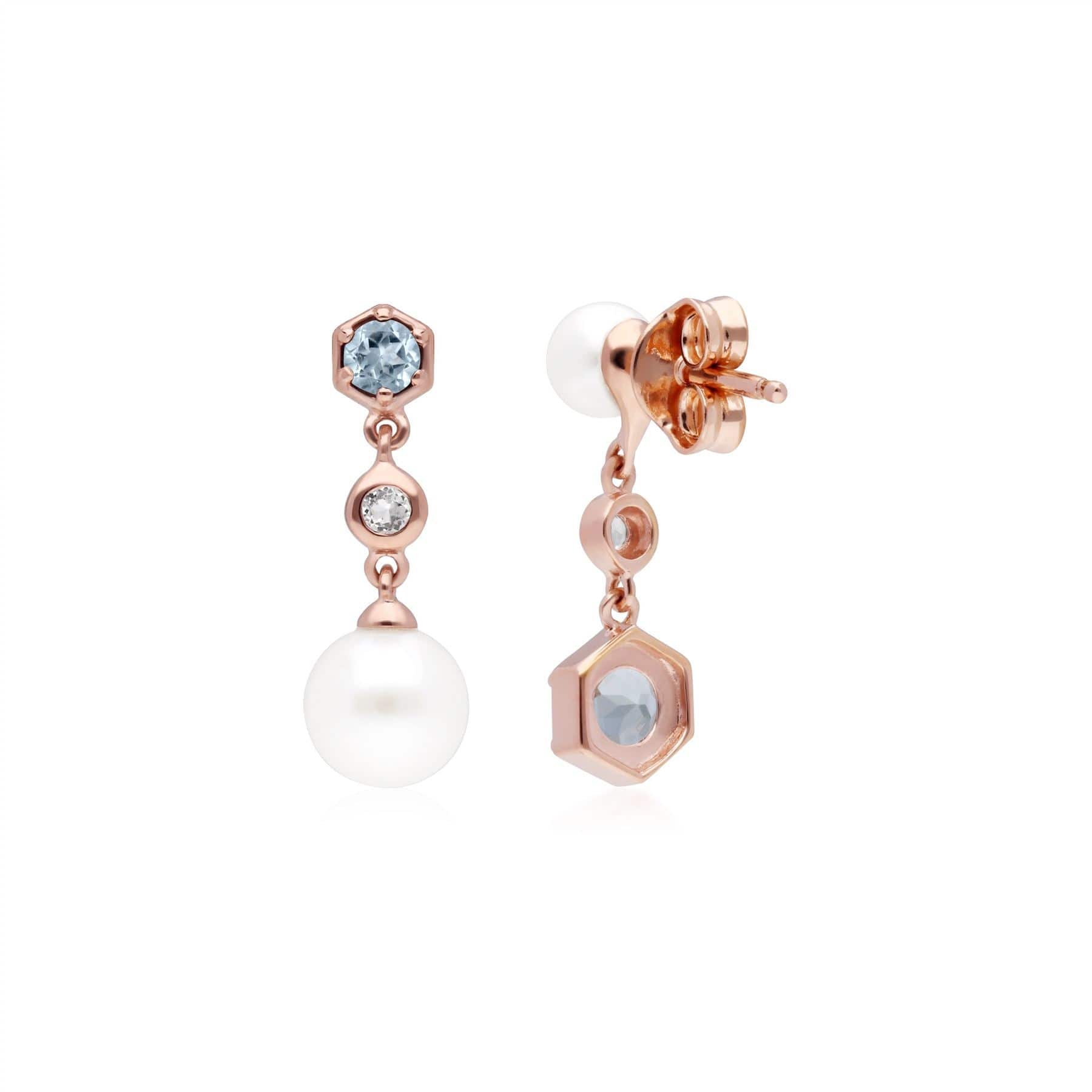 Modern Pearl, Aquamarine & Topaz Mismatched Drop Earrings in Rose Gold Plated Sterling Silver