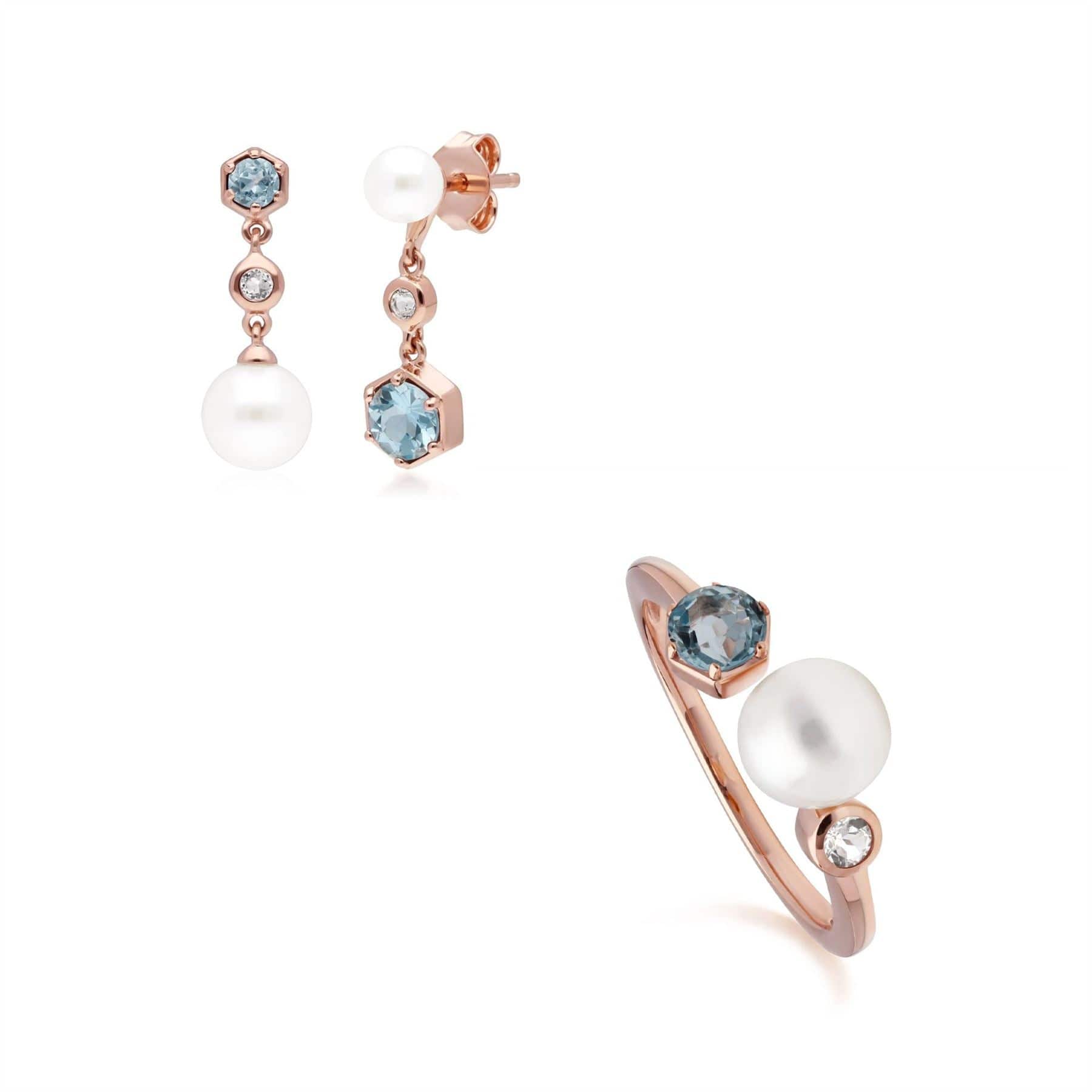 Modern Pearl & Topaz Earring & Ring Set in Rose Gold Plated Silver - Gemondo