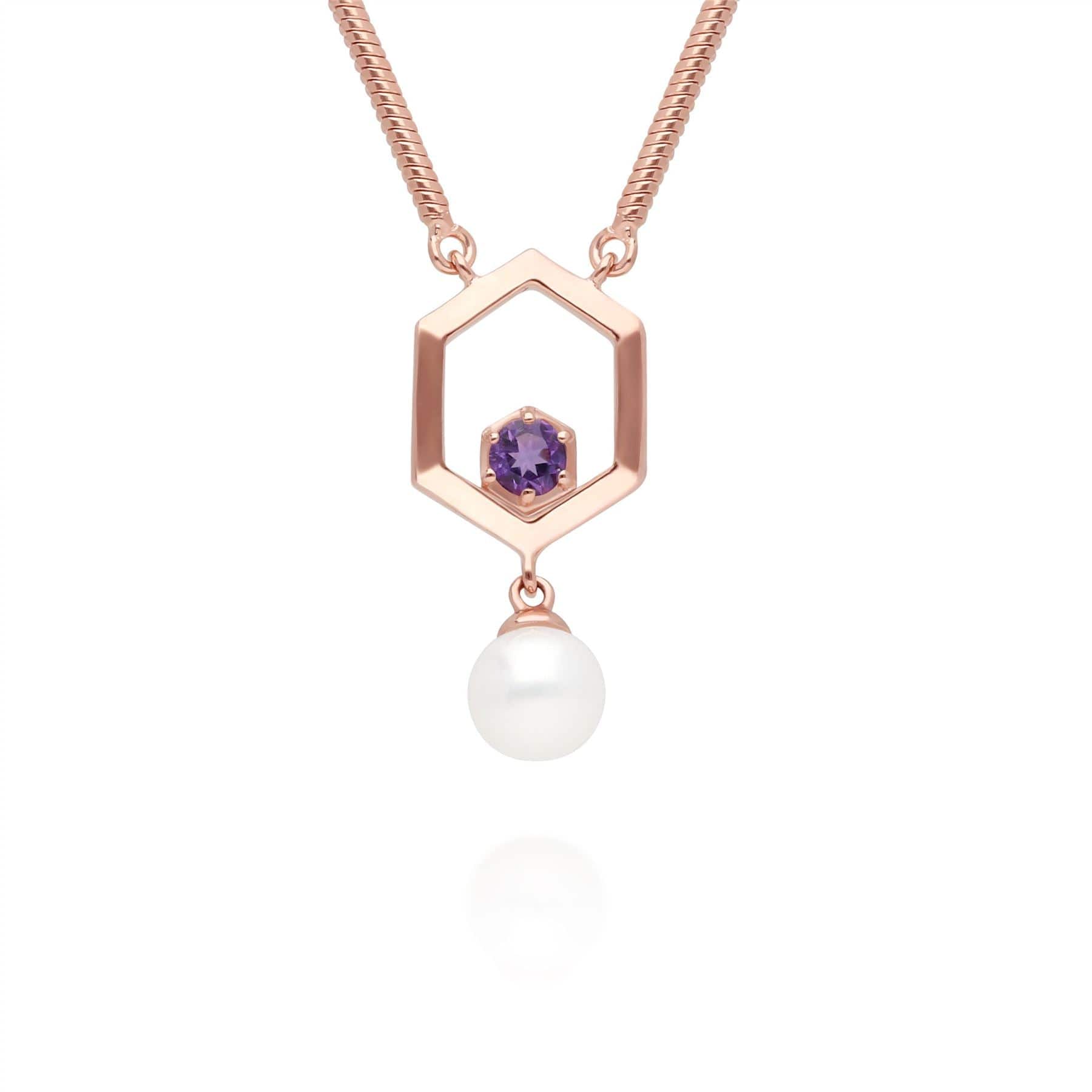 Modern Pearl & Amethyst Hexagon Drop Necklace in Rose Gold Plated Sterling Silver