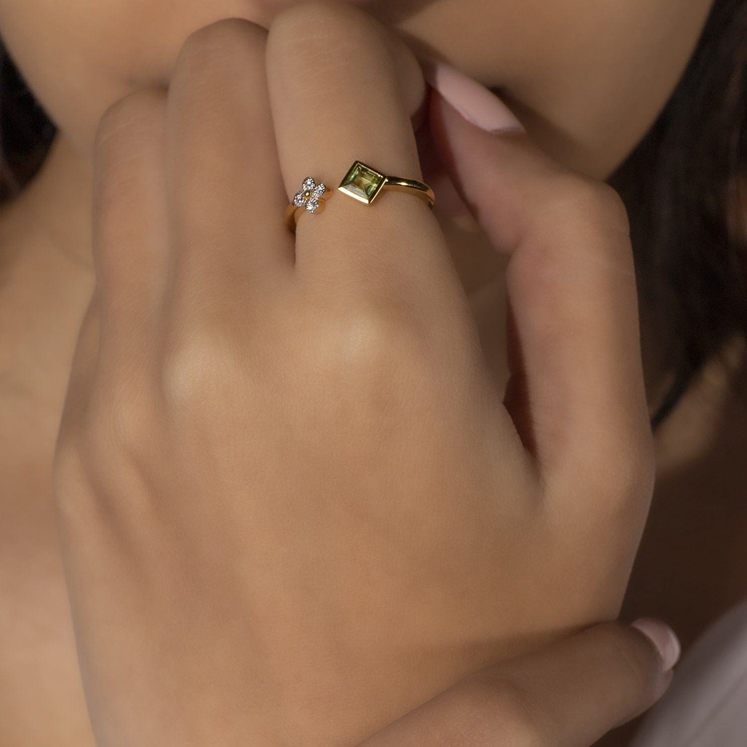 Contemporary Peridot & Diamond Open Ring in 9ct Yellow Gold on model