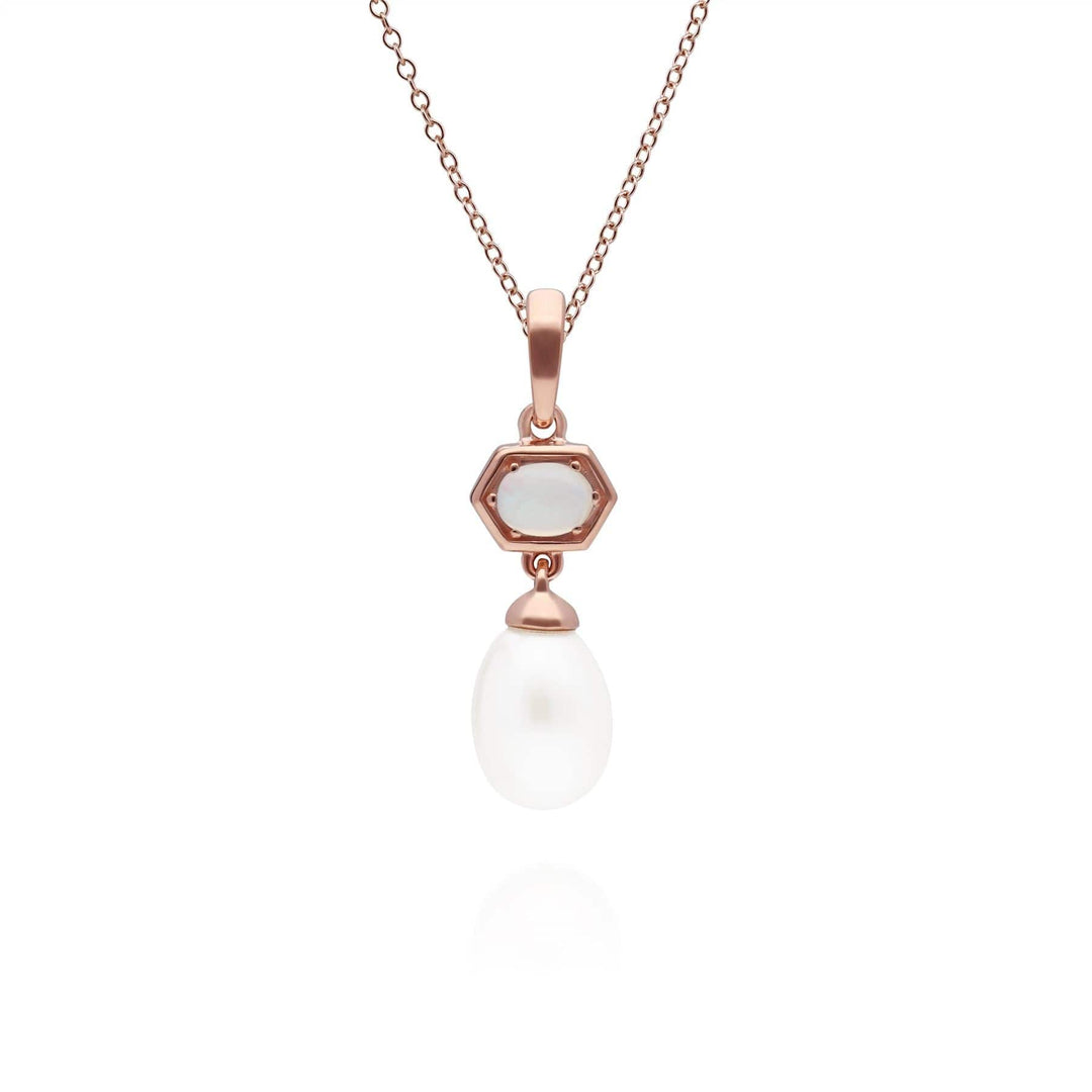 270P030801925 Modern Pearl & Opal Hexagon Drop Pendant in Rose Gold Plated Silver 1