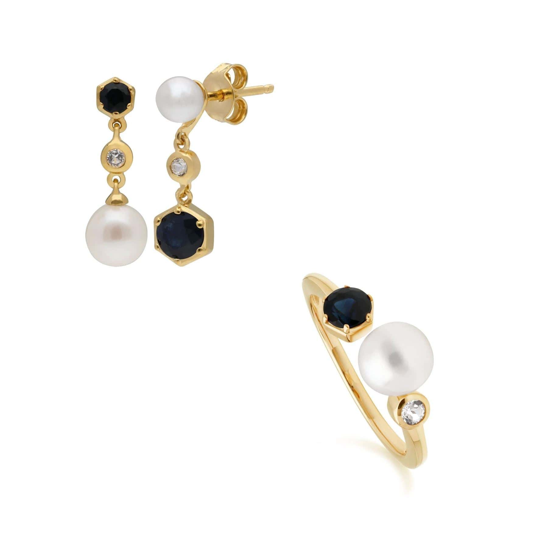 Modern Pearl, Sapphire & Topaz Ring & Earring Set - Gemondo