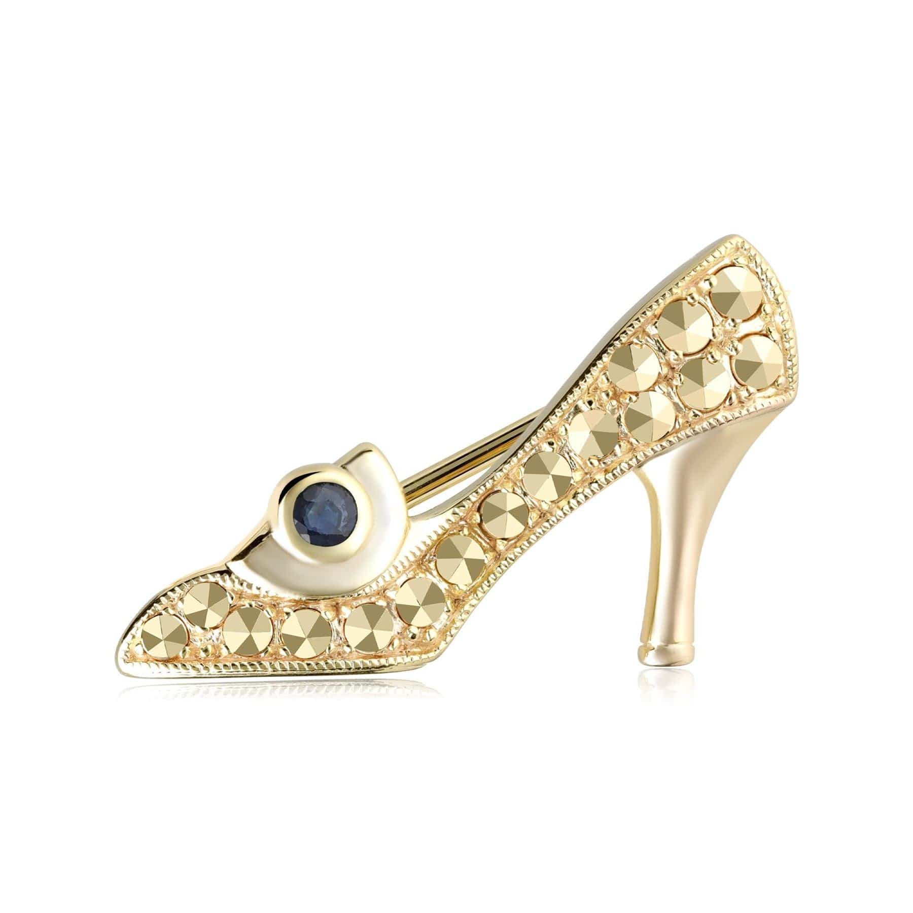 Sapphire & Marcasite Shoe Brooch in 18ct Gold Plated Silver