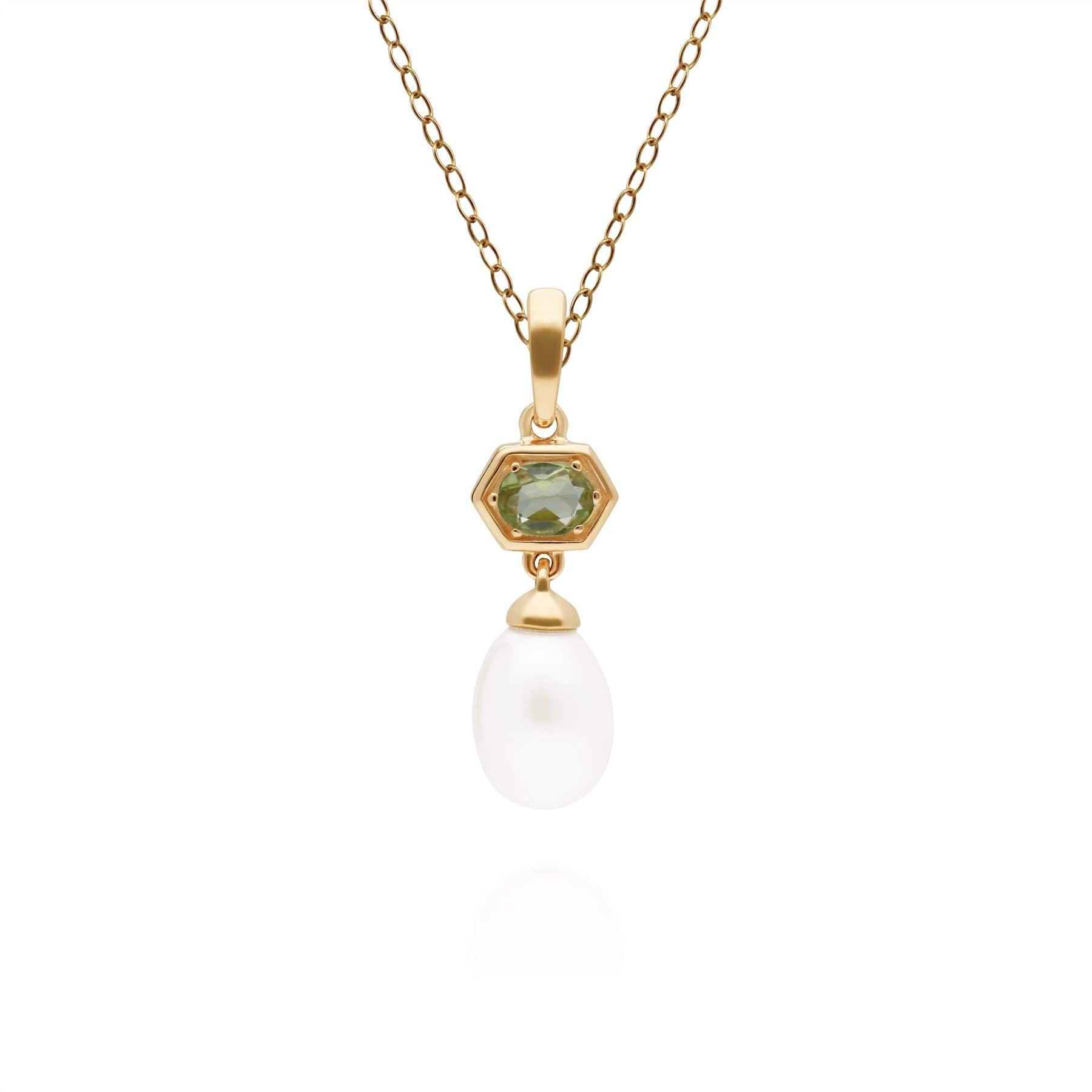 Modern Pearl & Peridot Hexagon Drop Pendant in Gold Plated Silver - Gemondo