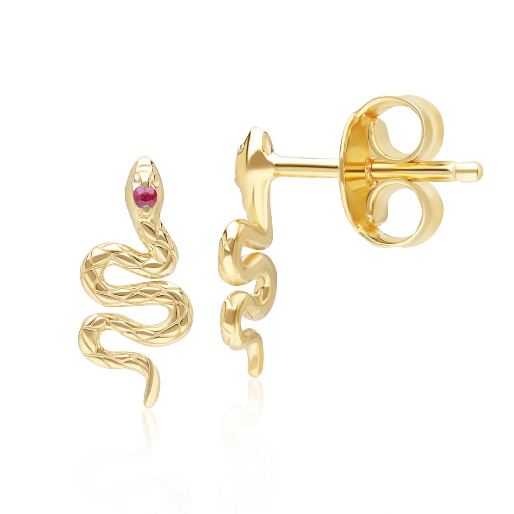 132E2793019 ECFEW™ Ruby Snake Wrap Stud Earrings in 9ct Yellow Gold Side