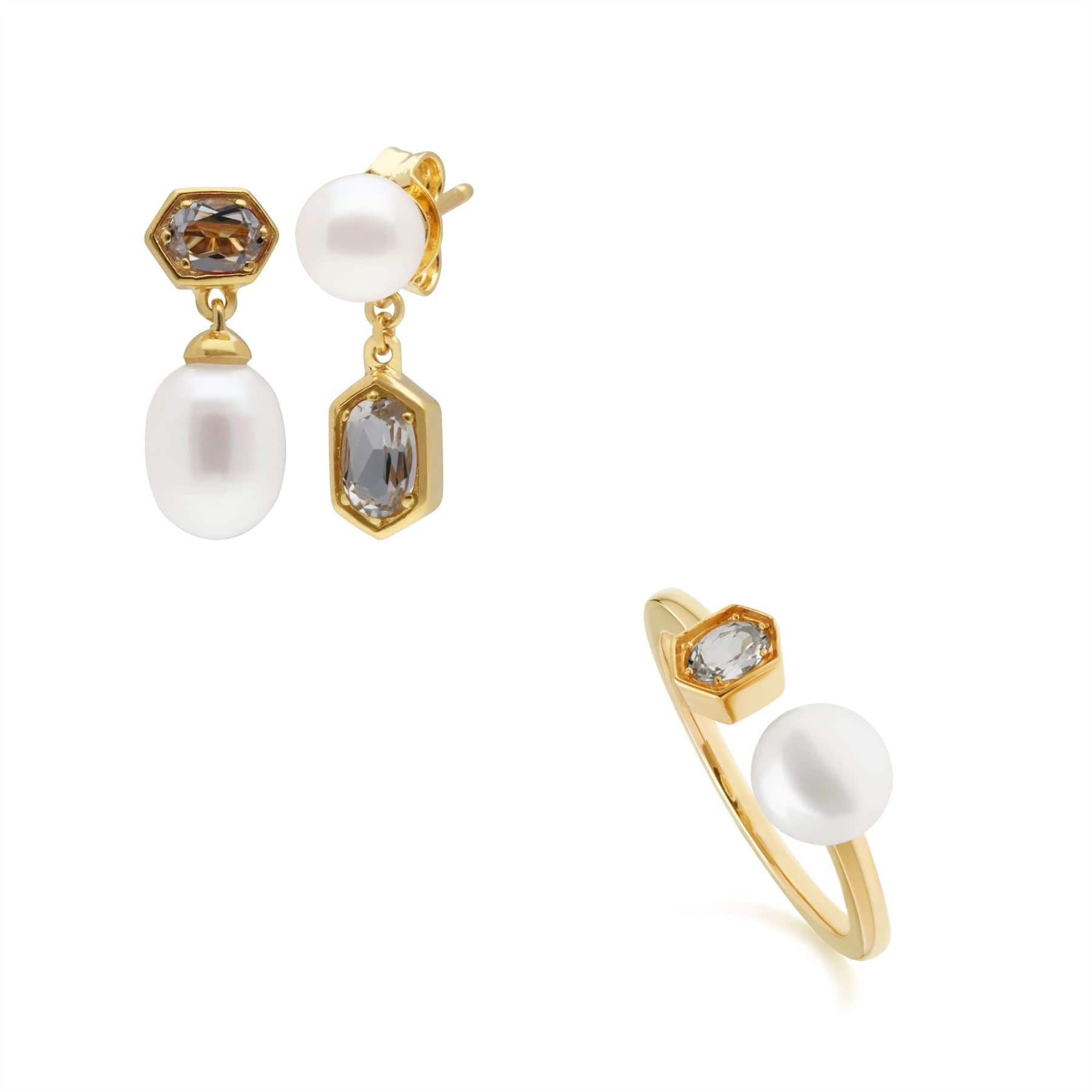 Modern Pearl & Topaz Earring & Ring Set in Gold Plated Silver - Gemondo