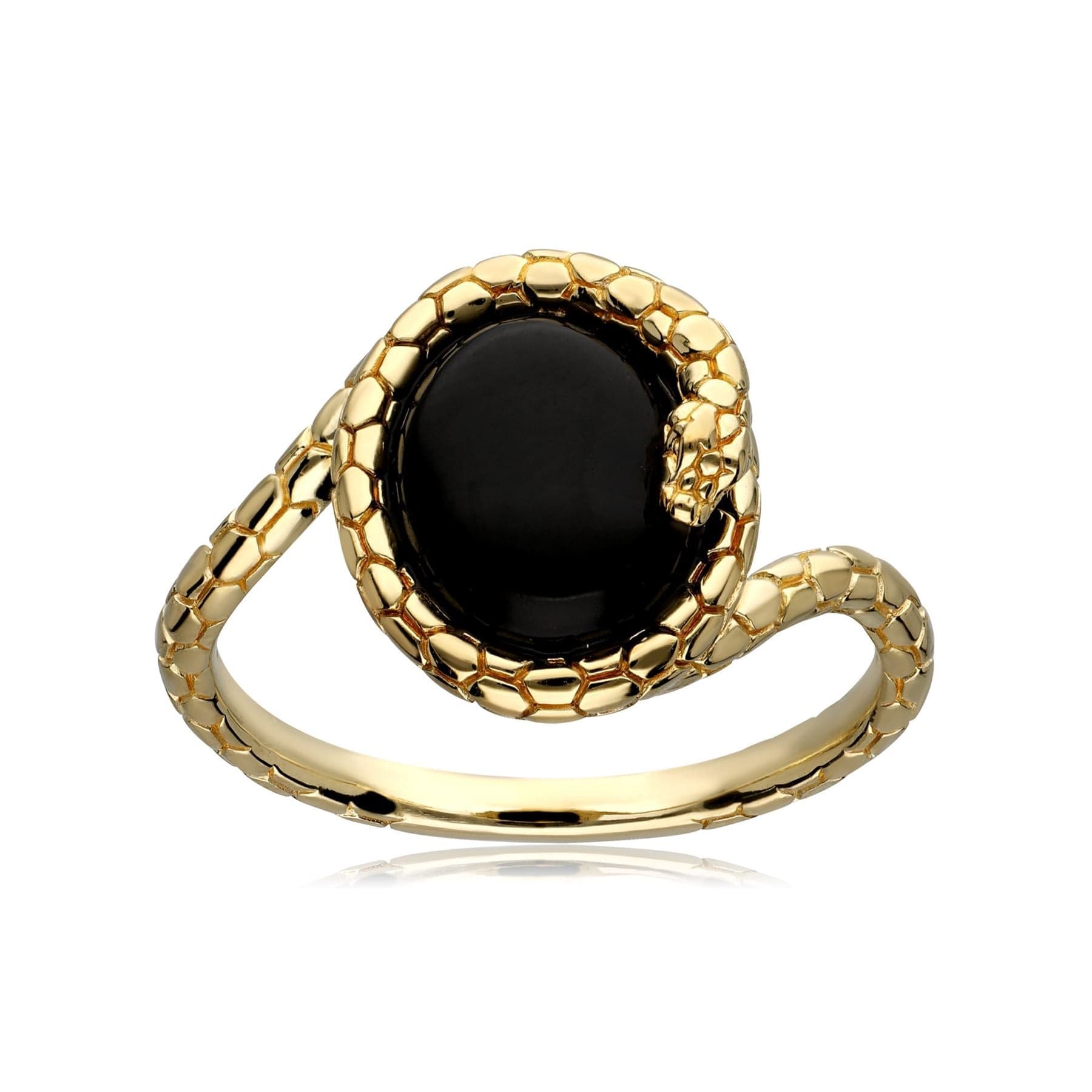 ECFEW™ 'The Ruler' Onyx Winding Snake Ring in 18ct Gold Plated Sterling Silver