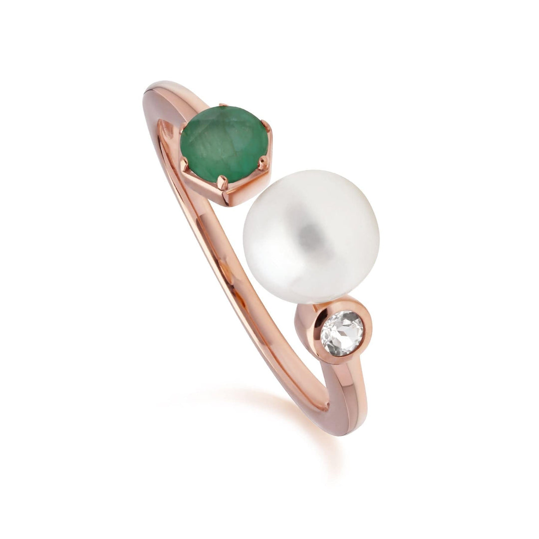 270R058803925 Modern Pearl, Emerald & Topaz Open Ring in Rose Gold Plated Silver 1