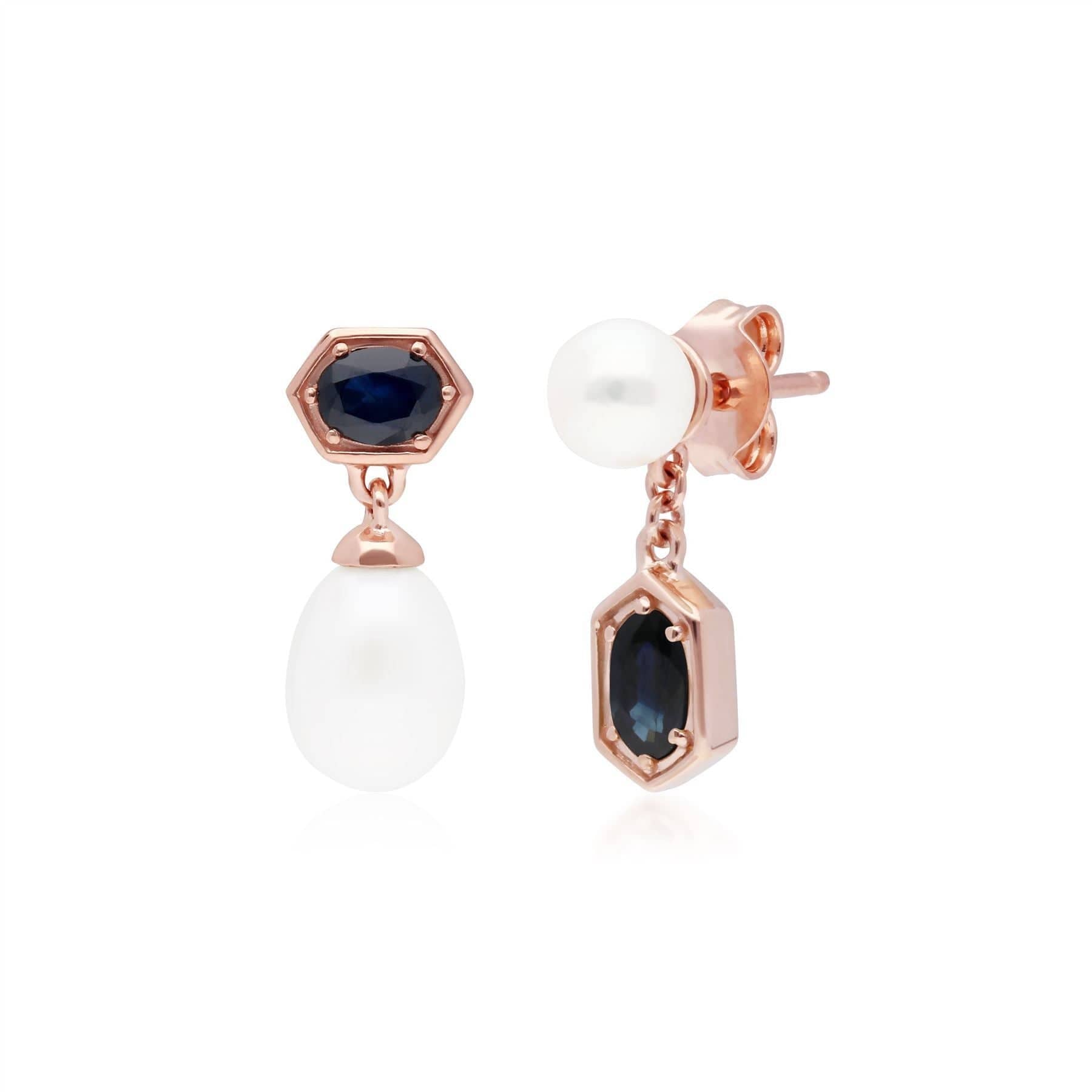 Modern Pearl & Sapphire Ring & Earring Set in Rose Gold Plated Silver - Gemondo