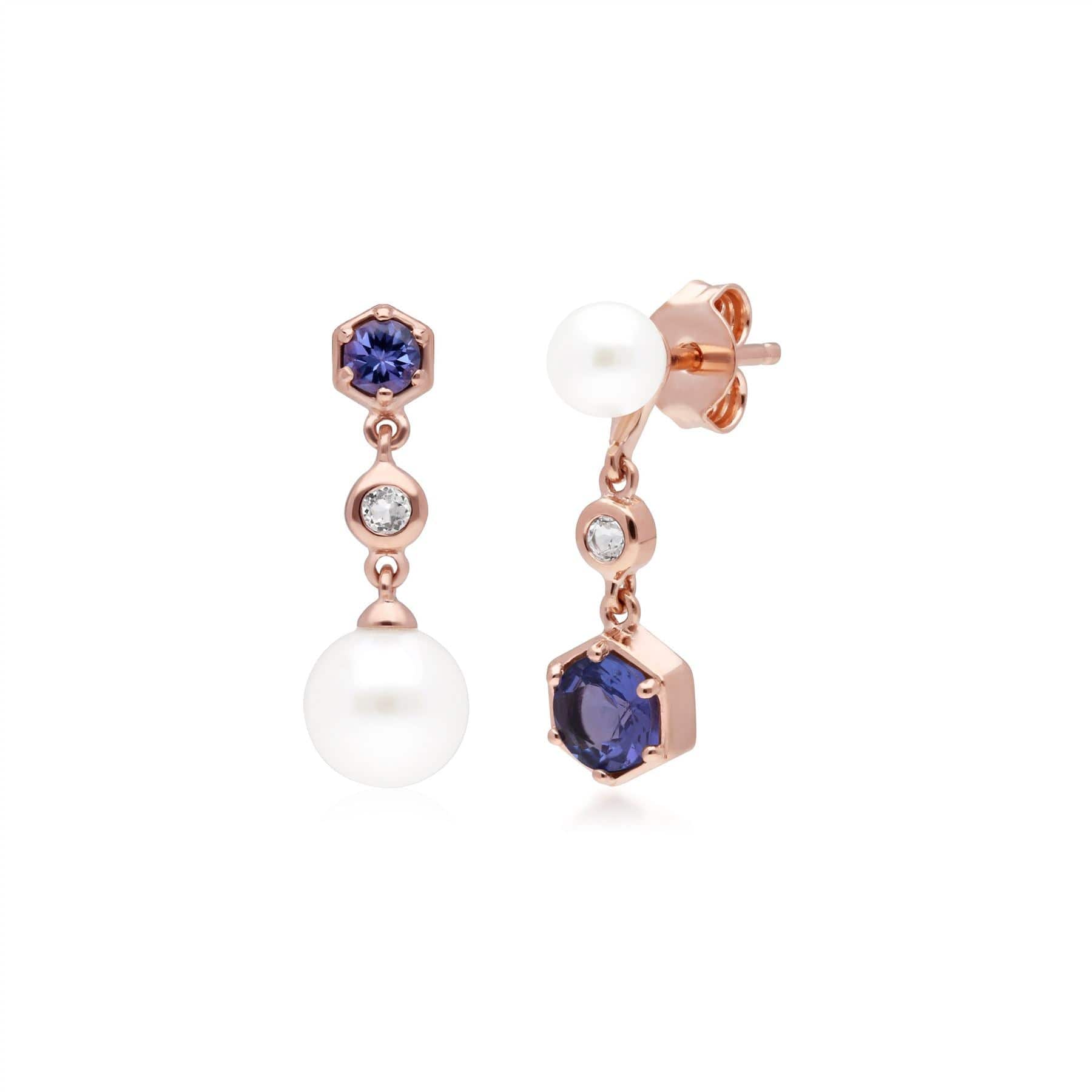 Modern Pearl, Tanzanite & Topaz Mismatched Drop Earrings in Rose Gold Plated Silver
