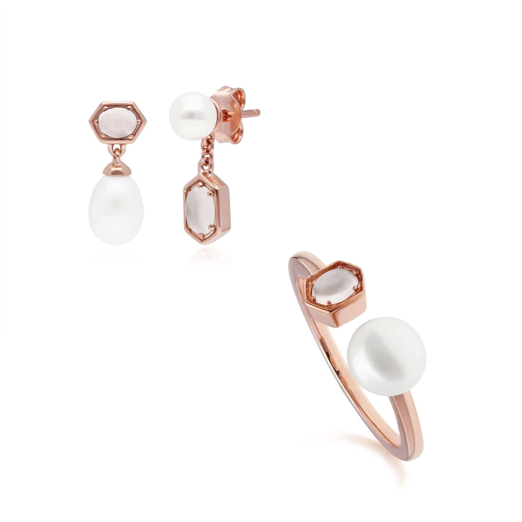 Modern Pearl & Moonstone Earring & Ring Set in Rose Gold Plated Silver - Gemondo