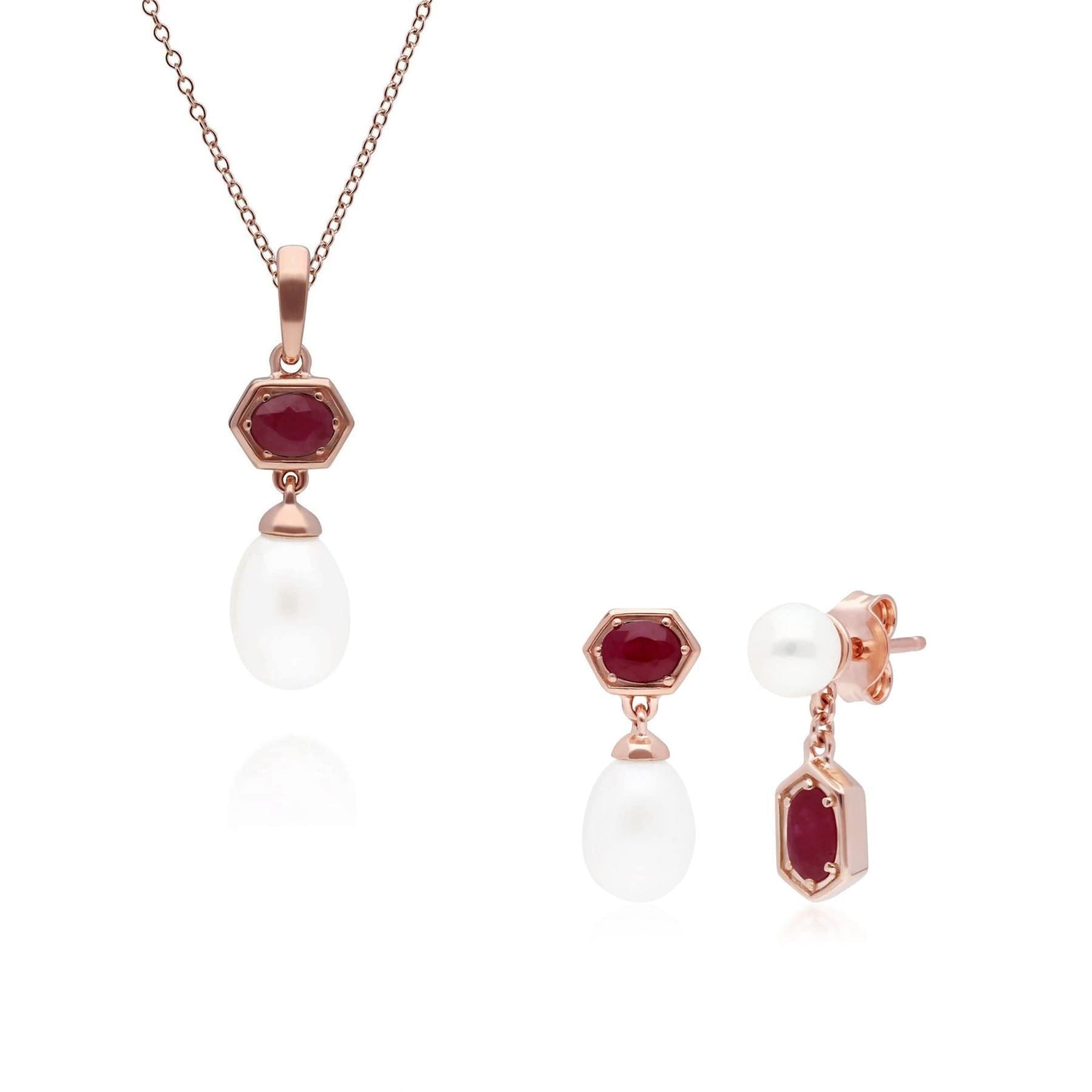 Modern Pearl & Ruby Pendant & Earring Set in Rose Gold Plated Silver - Gemondo