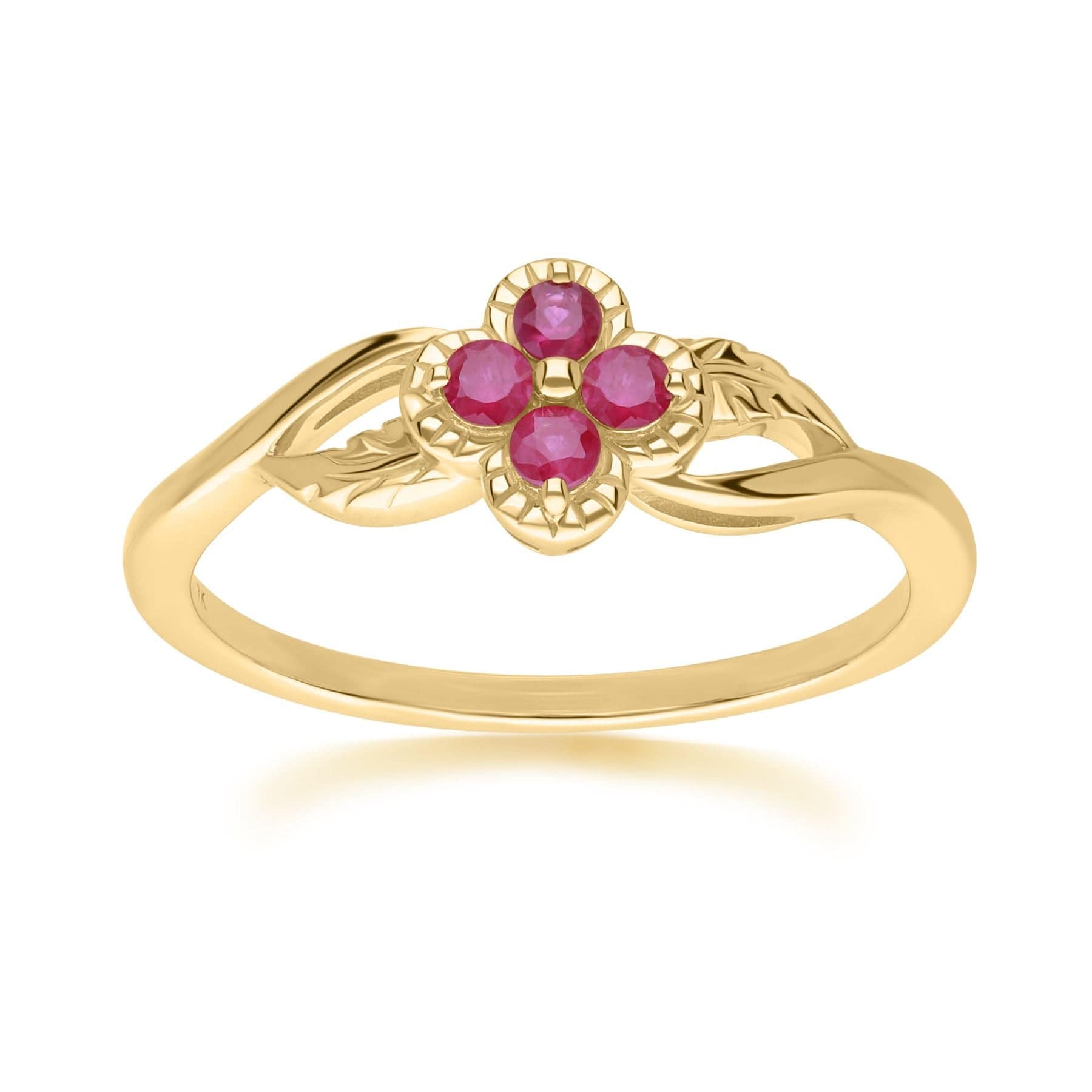 Floral Round Ruby Ring in 9ct Yellow Gold - Gemondo
