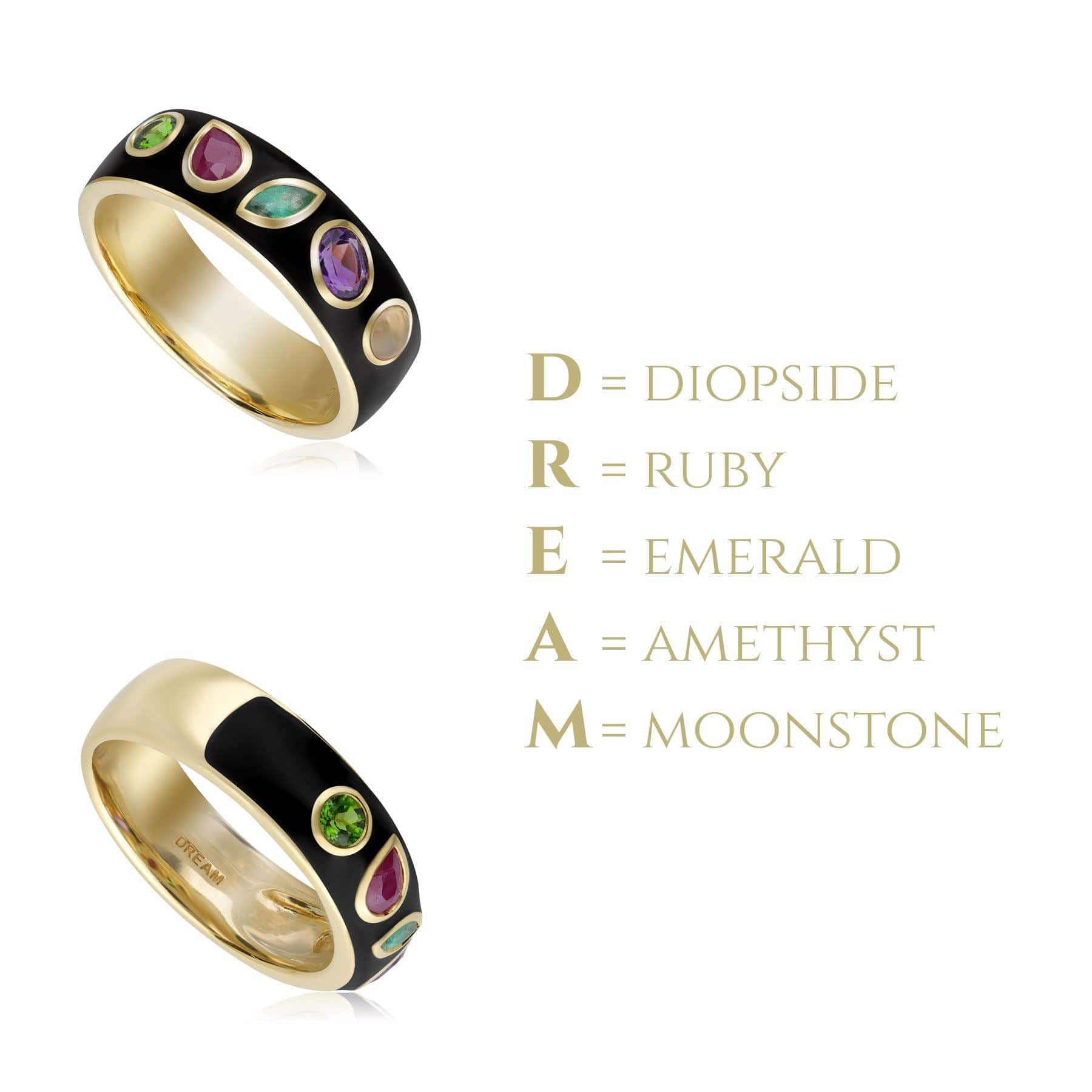 Coded Whispers Black Enamel 'Dream' Acrostic Gemstone Ring In Yellow Gold Plated Silver - Gemondo